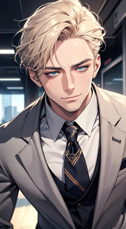 (best quality,4k,8k,highres,masterpiece:1.2),ultra-detailed,(realistic,photorealistic,photo-realistic:1.37),1 man,3,mature man,very handsome,without expression,smile,short grey golden hair,blue eyes,penetrating gaze,perfect face without errors,imposing posture,businessman,office background,cinematic lighting,hdr image