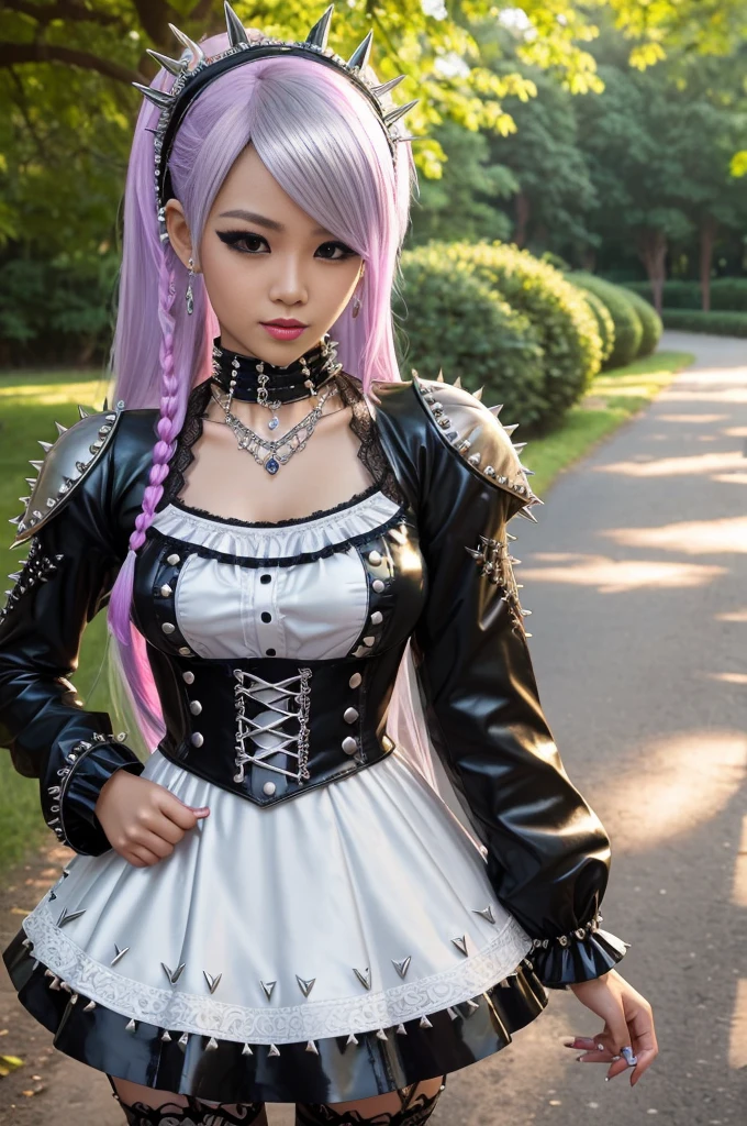sexy stylish Thai model, only 1 female, long multicolor stylish hair, ((shiny Punk-Style boots)), smile, light soft makeup, lip-gloss, ((sexy Punk Lolita cosplay)), unconventional skirt, petticoats, high neckline, ((ultra detailed lace)), ((ultra detailed embroidery)), intricate details, tartan patterns, ((silver chains)), ((silver spikes)), ((safety pins)), Punk Lolita accessoires, Punk Lolita choker, ((large sparkling Punk Lolita jewelry)), cinematic light, detailed large park background with trees