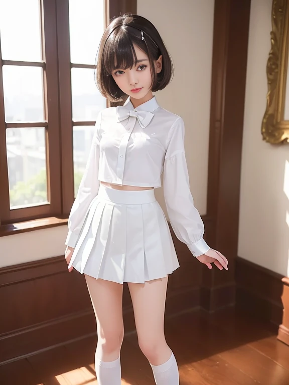 (masterpiece、Highest quality:1.7)、(:1.5)、(Above the knee shot:1.5)、Bobcut、Black Hair、85mm、16K、Official Art、RAW Photos、Best Beautiful Faces、Close-up、Violet、Gardenia、((The best beautiful girl、very cute))、Red blush on cheeks、indoor、(Are standing:1.8)、Film Grain、Chromatic Aberration、Sharp Focus、(((Nice hands、Perfect hands、Perfect Fingers、Thin and delicate fingers、A perfect body without flaws)))、Detailed face、(Slender body:1.5)、(Slender body:1.4)、(Slim upper body:1.4)、(Small breasts:1.8)、(Let your bangs hang down:1.8)、(Blushing:1.8)、(Low contrast lighting:1.2)、(White tight business blouse with collar:1.5)、(White bow tie blouse:1.4)、(Long sleeve: 1.3)、(A very short white pleated mini skirt:1.8),(Holding his chest with his palm:1.5)、(Low angle from below:1.4)