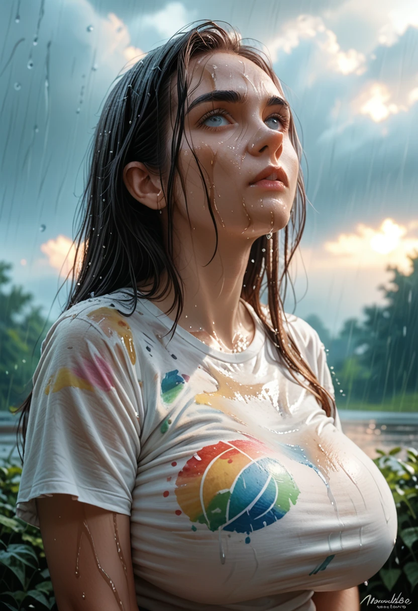 (1 girl) (masterpiece, best quality) woman in a colorful graphic designer t shirt sitting on a dock, , ,  , stormy dark sky, raining, , extreme detail on face (fantasy oil painting)
(), large forehead, large dark eyebrows, large nose, wide chin
(Breasts covering entire torso)
normalized chounyuu ((safe for work:1.3) ((huge breasts covered by shirt)),  by norman Rockwell, 