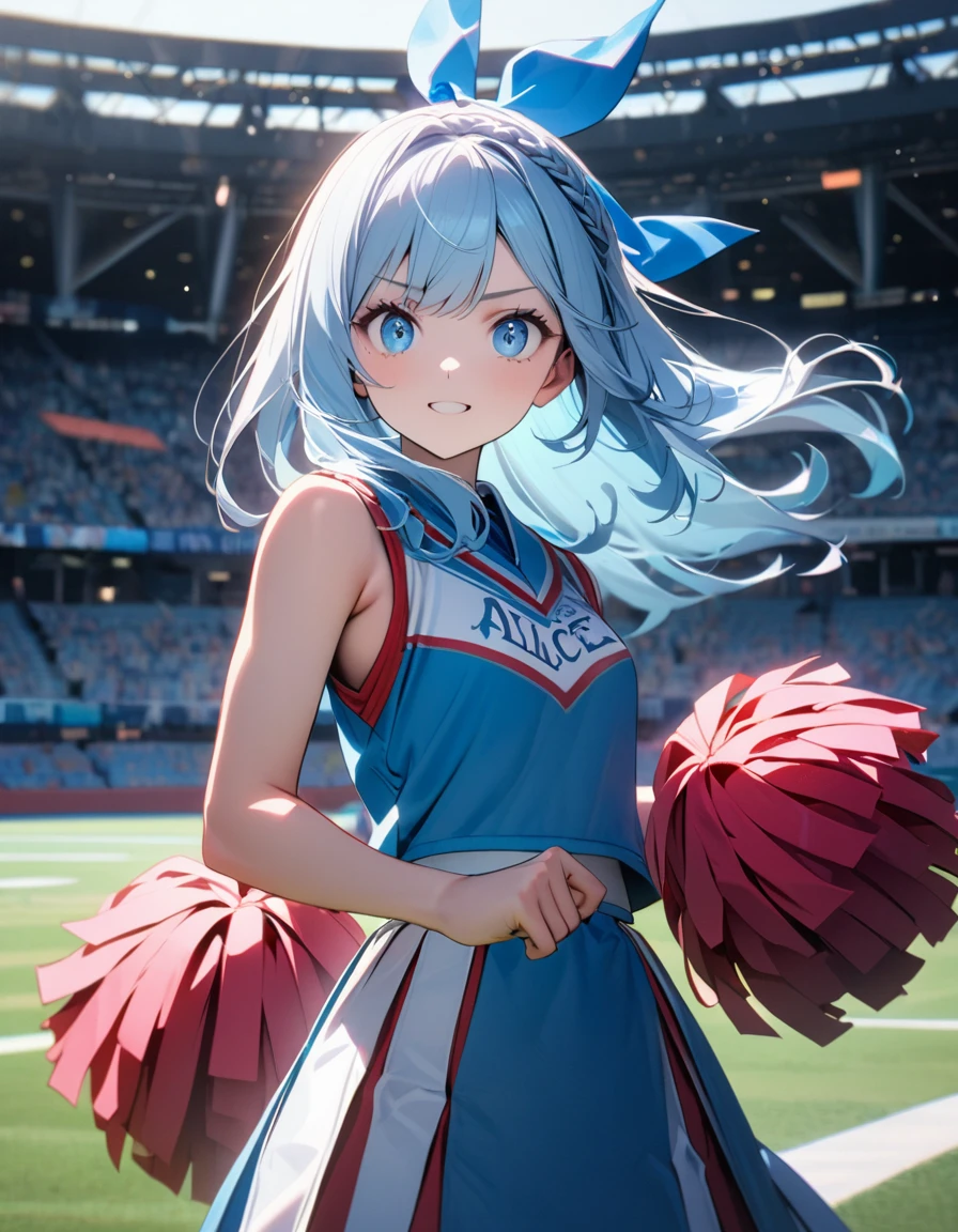 (8K, best quality, master piece: 1.2),super high resolution,1 cute girl is alice,solo,yo,ultra-detailed face,detailed eyes,blue eyes,mascara,light blue hair,sleeveless,(alice in wonderland,cheerleader: 1.2),Crown braid,(Alice with her iconic hair ribbon: 1.2),standing,looking at viewer,fighting stance,cinematic lighting,cowboy shot,happy,outdoors Stadium