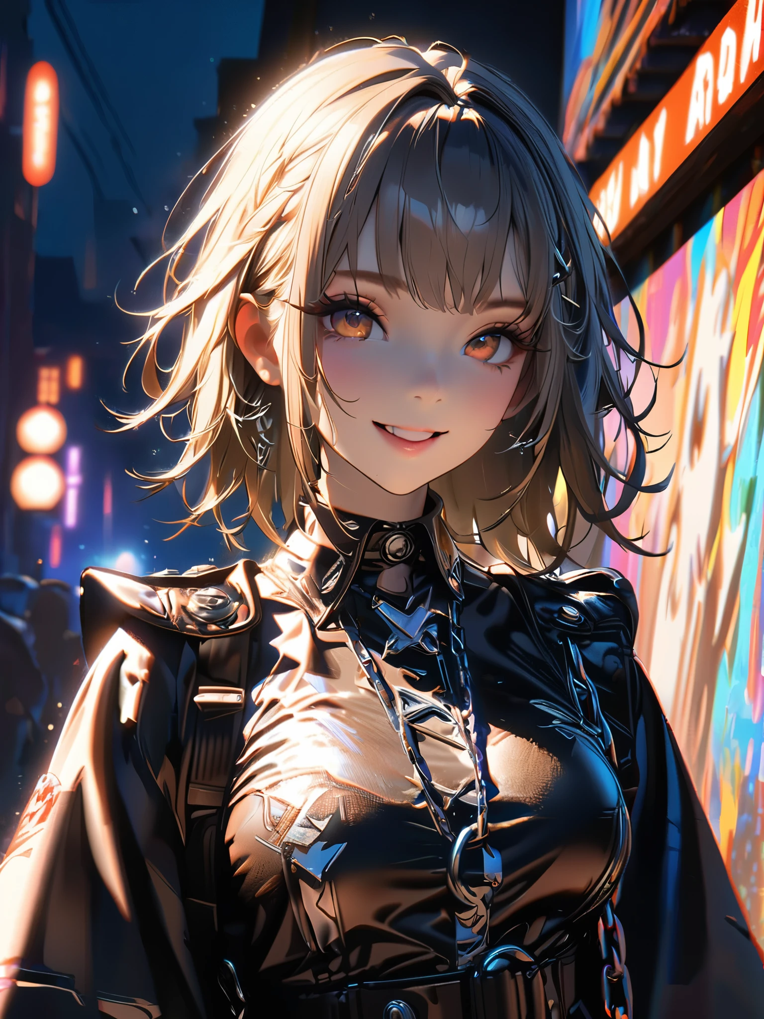 Anime girl in a black outfit standing in front of a neon city - SeaArt AI
