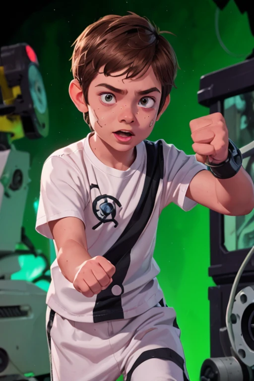 movie poster, Ben 10 ((A child, 4T ))), ((wearing a white outfit with a black stripe in the center, showing the fist. ((Machine in the arm)) . Action facial expression )) . highy detailed, face detailed, realisitic, cinematic lighting, studio quality, proffesional, face detailed, Intricate, bright coloured. ((abstract lighting background)).