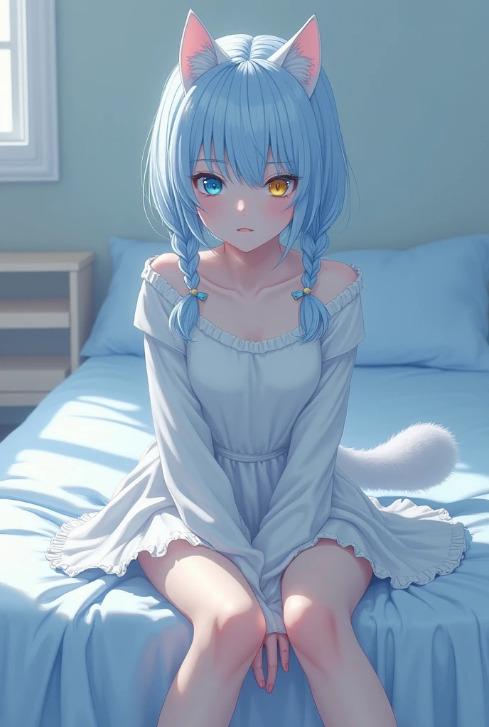 nachonekos, 1girl, solo, shirt, striped thighhighs, cat ears, panties, underwear, long hair, thighhighs, animal ears, white shirt, striped, breasts, long sleeves, blue hair, tail, small breasts, cat tail, one side up, blue eyes, on back, bow, sleeves past wrists, black ribbon, bow panties, bangs, neck ribbon, lying, looking at viewer, dress shirt, blush, pillow, bed sheet, cat girl, ribbon, off shoulder, collarbone, hand up, hair ornament, white panties, knees up, collared shirt, open mouth, blue panties, open clothes, very long hair, open shirt, cum, hair between eyes, feet out of frame, bare shoulders, legs up, spread legs