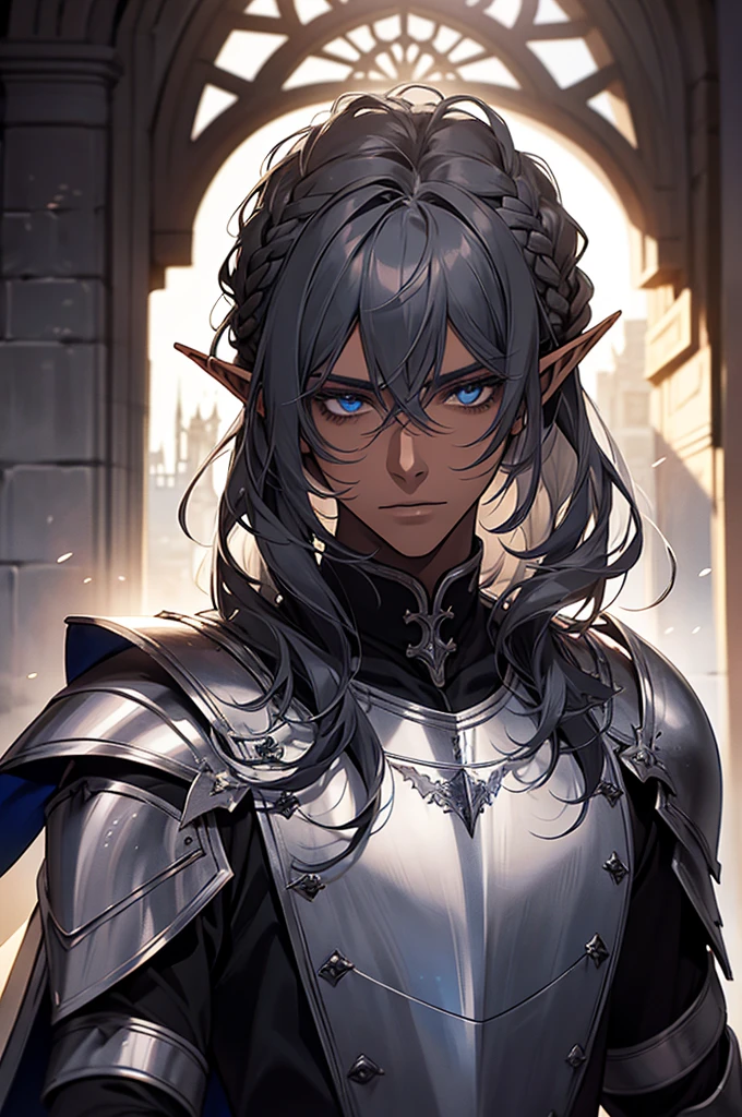 (a male knight in sliver armor), handsome, a giant gate of castle behind him, light from the sky, half body, long hair, braid hairstyle, dark skin, black hair, blue eyes, elf ears, chiaroscuro, cinematic lighting, god rays, ray tracing, reflection light, ((close-up)), masterpiece, best quality, high quality, high details, highest, accurate, anatomically correct, textured skin, UHD, 1080P
