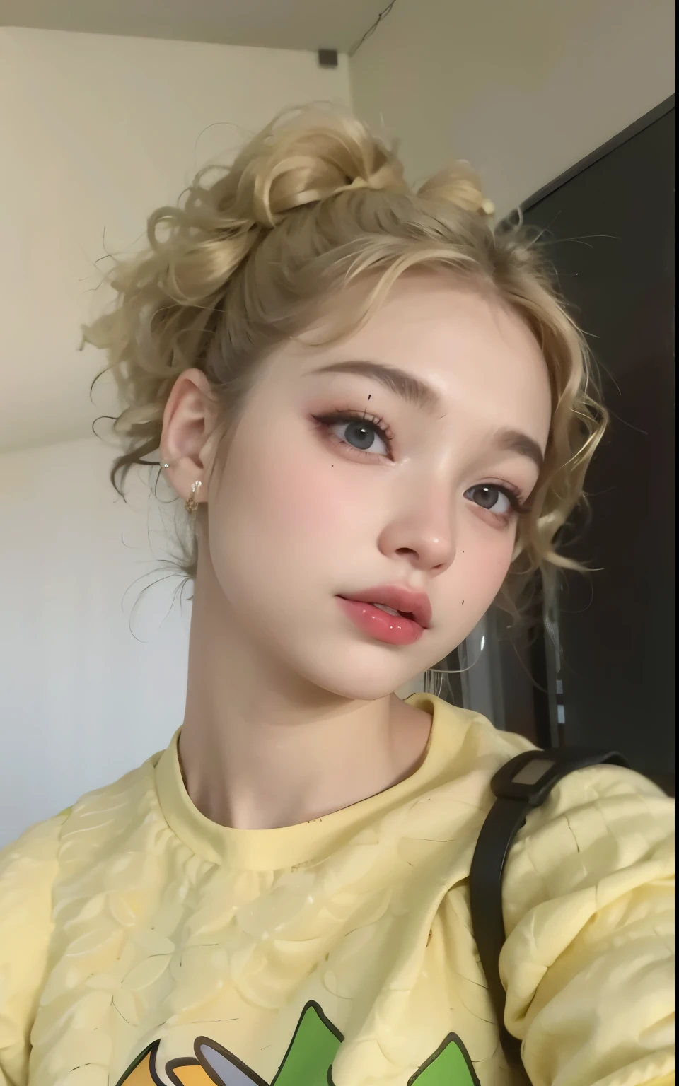 Blonde woman wearing yellow shirt and carrying black bag, pale skin curly blond hair, julia garner,  de cabelos loiros cacheados curtos, cabelos loiros cacheados | d & d, foto de perfil headshot, 18 years, cabelos loiros cacheados, retrato de alta qualidade, loiro encaracolado, imagem de perfil, Kailee Mandel, Retrato Sophie Mudd, Ela parece uma mistura de Grimes