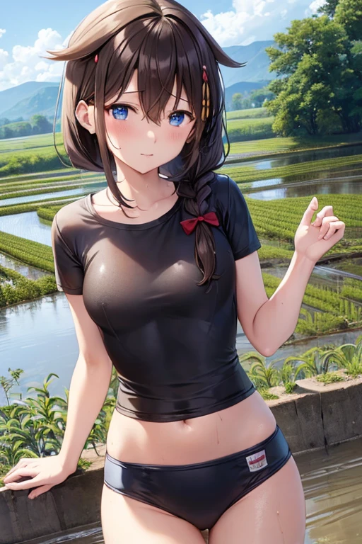 ShigureKancolle long hair, single braid, hair flaps　T-shirt sheer with sweat　School swimsuit wet with muddy water　Rice fields in the countryside　Covered in mud　Standing in a rice field　Bad mood　mud droplets　Muddy water on the body