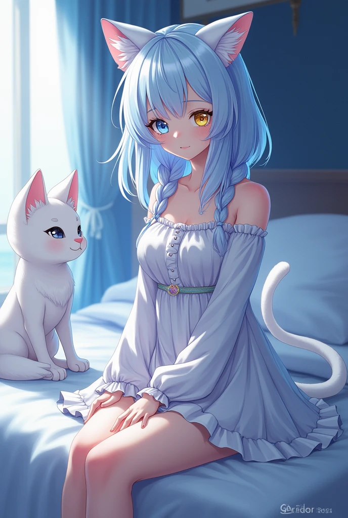 Anime girl in white dress sitting on bed with cat, cute anime catgirl, anime catgirl, beautiful anime catgirl, catgirl, White Cat Girl, Very Beautiful Anime Cat Girl, Nekomimi, soft anime illustration, very beautiful cute catgirl, at pixiv, Top Rated on pixiv, attractive cat girl, anime cat, Cat Girl