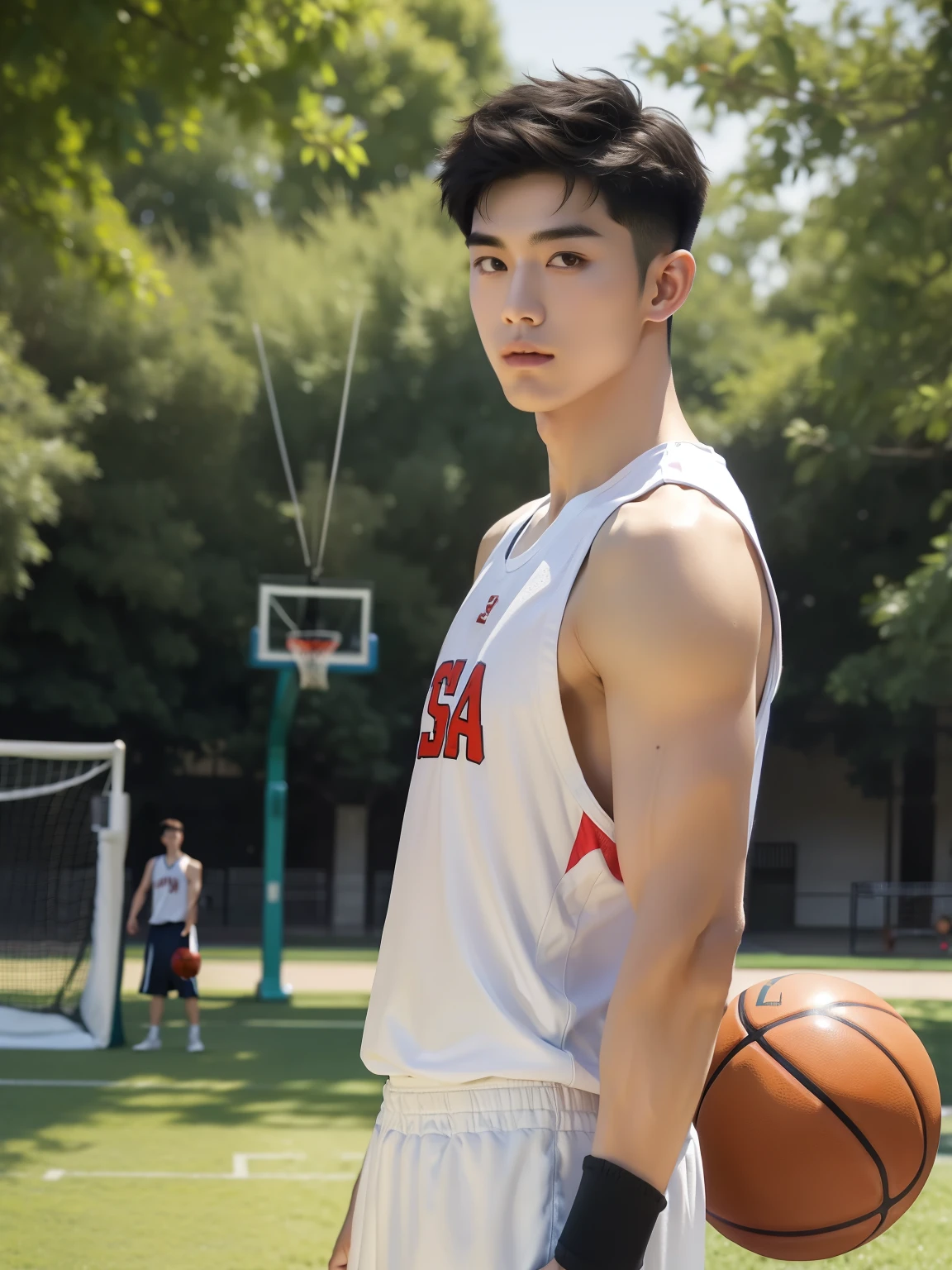 Tiny thong with big bulge, Red soaked basketball shirt, NO PANTS, CLOSED UP DETAILED, basketball player, playing basketball, wearing soaked basketball shirt, pull off shirt, ABS EXPOSED, Very wet body, very wet, basketball court court, wearing socks, naked just wearing red soaked thong, Showing off his very hairy armpits, Slim fit body, teenager body, Shota, very cute boy face, 15 years old boy, baby face, young kids, Very young teenager boy, Amazing basketball court scenery, in the middle of Crowded basketball court court, he only wear Tiny see through red thong, crowded people, very hot sunny day, summer, dirty and wet court, he wore a very small transparent see through thong covering half of his big hard dick, dickprint, Sweat dripping all over the body, sweat covering all over the body, Full body photo, wearing Very tiny thong, Proudly showing off his sweaty very hairy armpits to audience in music concert area, completely naked just wearing thin Tiny thong, very young boy, Cinematic soft lighting illuminates a stunningly detailed and ultra-realistic handsome korean male supermodel, ultra messy curly hair, clear honey eyes, captivating perfect smile, sensual, hot man, insanely handsome, showing off his sweaty body, very sixpack muscular body build, slender, toned, full body, 8k, photography, masterpiece, detailed face, detailed eyes, sexy, beautiful abdomen and beautiful legs and a detailed big hard bulge, expression of ecstasy, excited, slim, detailed eyes and lips, sixpack and fit body. Image quality is of the highest standard, with ultra-detailed features and a realistic appearance. The colors are bright and vibrant, enhancing the overall aesthetic. The lighting is soft and natural, casting a soft glow on the boy, don't merge body's