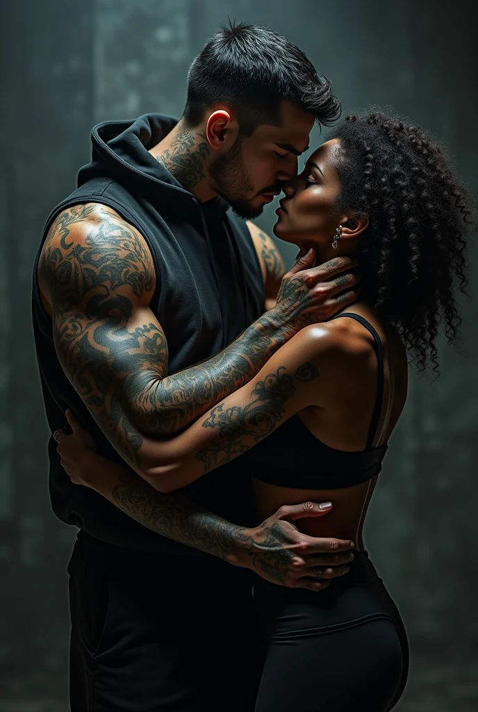 Create an image of a young man with mature brown hair. 30 years old. With a 35 year old woman with medium black curly hair . They both have tattoos on their arms. They are sitting on the sidewalk in the street. hugged. Realistic image . They are both tattooed.