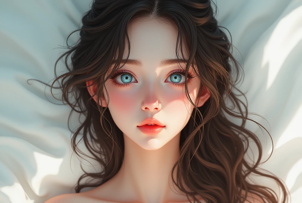 black hair, crying with eyes open, aqua eyes, drunk, frown, licking lips, 4K, 4K, highres