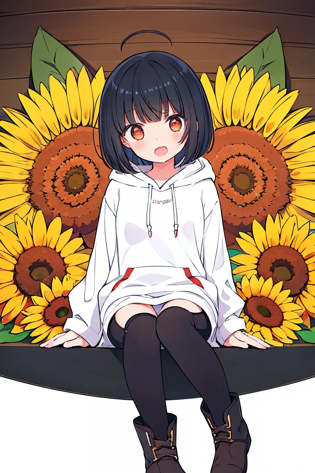 Illustration of traditional media, solo, ****,1, very cute girl,120cm tall, shiny skin, black hair, blunt bangs, blunt bob cut, antenna hair, red eyed, fang, small breasts, white Hoodie, Black Shorts, Black Knee Socks, Brown Longboots, Silver Honda CR-Z, Park with lots of sunflowers