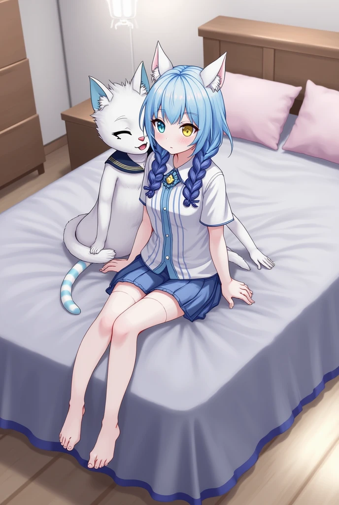nsfw,((One Man and Two Women,Having sex)),lying down,Lift both legs,Sex,Light blue hair,Light pink hairstyles,Cat ear,Pink Eyes,light blue lolita,White socks,,Pink ribbon,Open Mouth Smile,Best image quality,Highest quality
