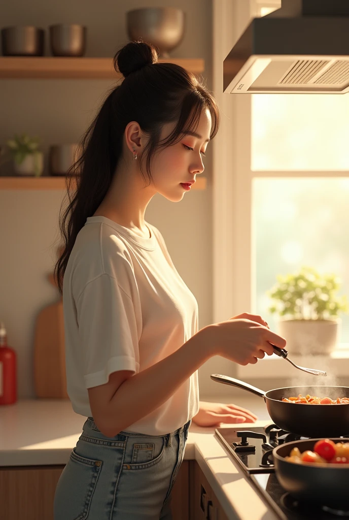 masterpiece、highest quality、super realistic、Ultra high definition、8k、Raw photo、textured skin、One Nogizaka girl、(16 years old、medium bob hair、bangs、black hair、floating hair、slim、delicate body、skinny、A sloppy smile、embarrassing、blush:1.2)、(white underwear:1.5)、stand in the kitchen、Holding a pot、(fluorescent light、dim、Backlight、flare、film grain、cowboy shot、profile、It's blurry、super long shot、ultra wide angle、Sigma 85mm F/1.4)、finder