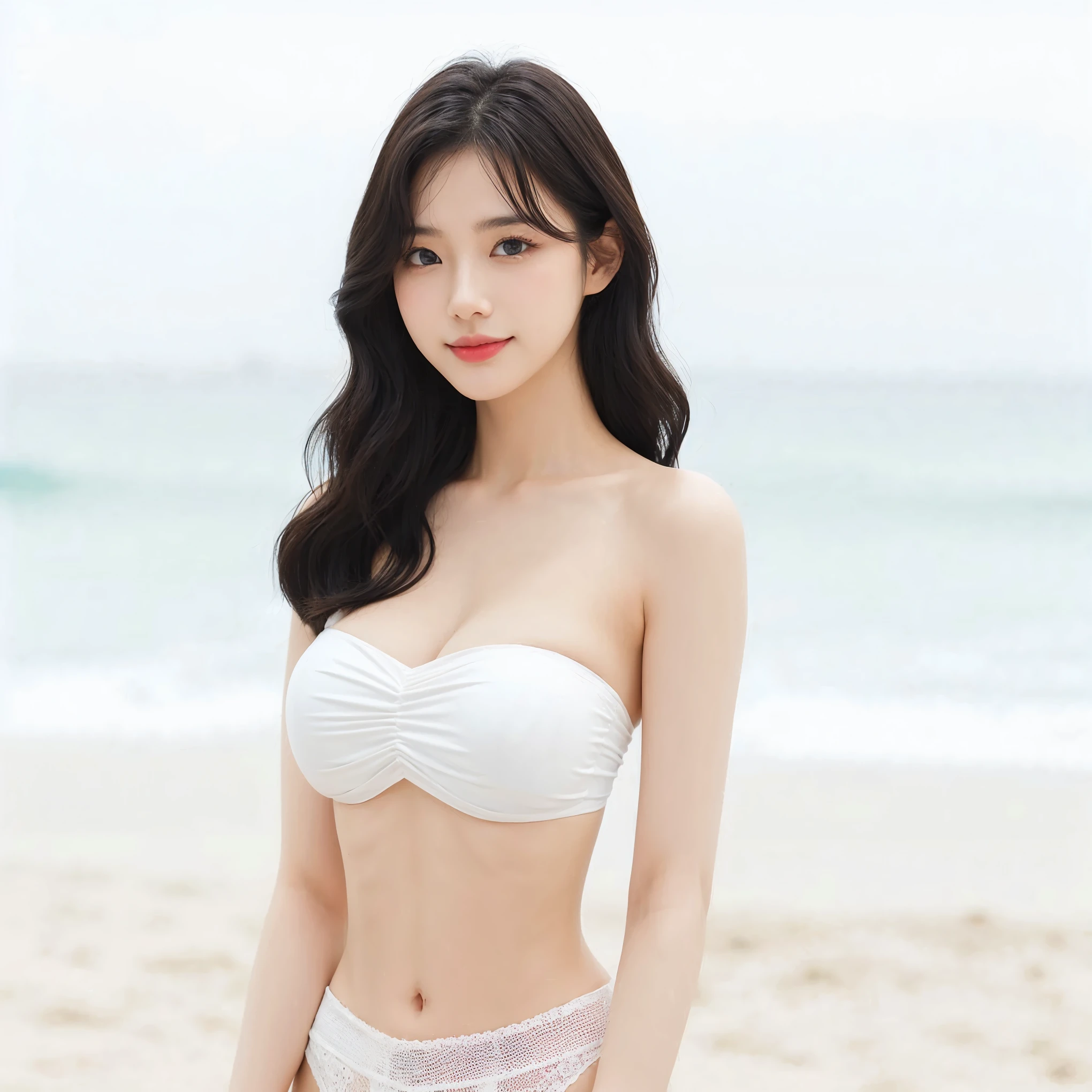 ((Highest quality、8K masterpiece:1.3))、Sharp focus:1.2、(Super beautiful face:1.0)、(The beauty of slim abs:1.0)、(Glowing Skin:1.0)、Photo Real、Black-haired、Video Lighting、High resolution eyes and face、Video Lighting、(Cowboy Shot:1.3)、White swimsuit、(Cute Korean Actresses)、from the front、Medium large breasts、smile、No sleeve