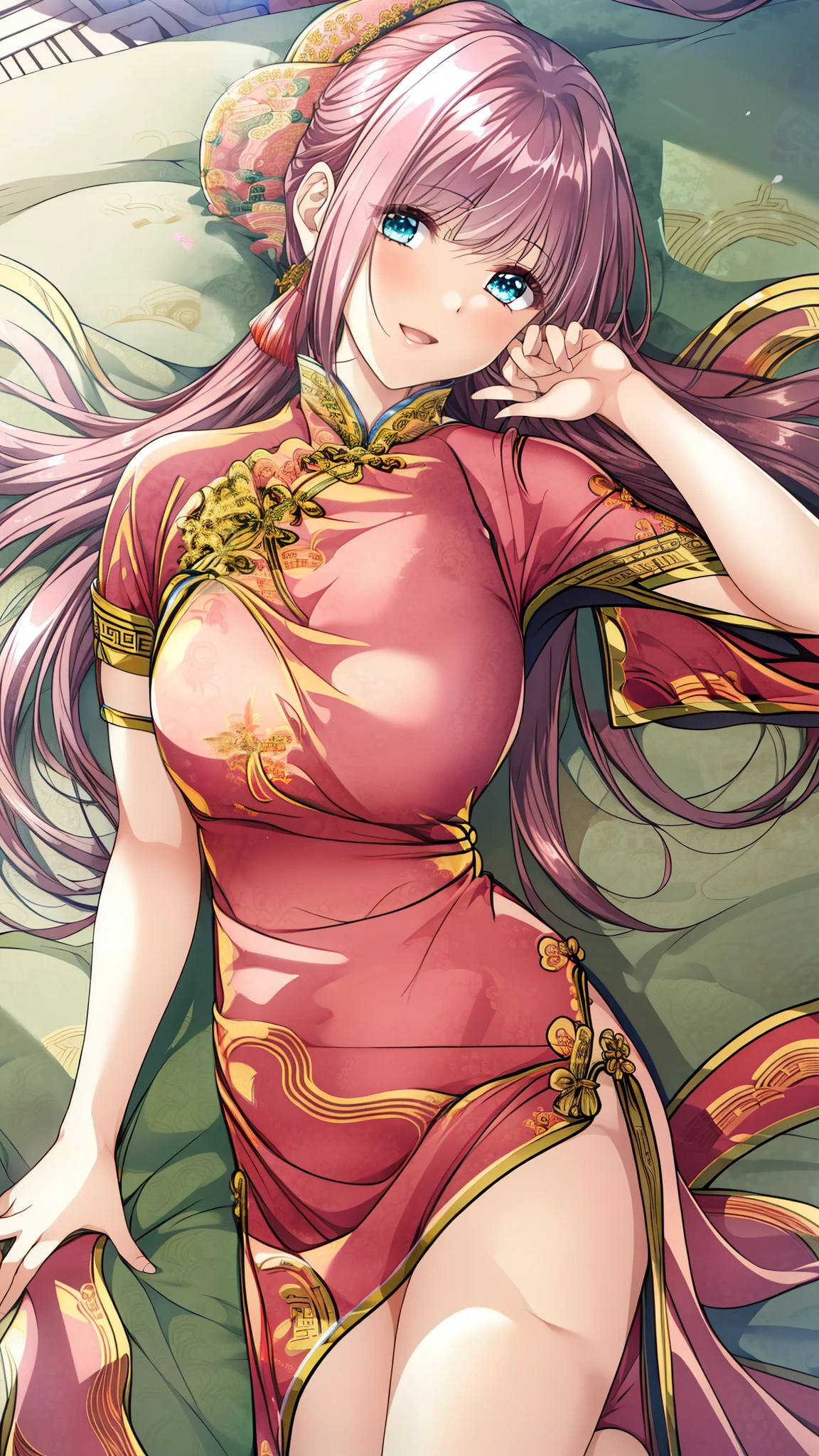 Ren Nanase, ((masterpiece, Highest quality, High resolution, clear_image)), Very beautiful and delicate, Very detailed, Intricate details, One girl, alone, Short Stack, Brown Hair, Long Hair, Straight hair, blue eyes, Hair Ribbon, (((pink chinese dress:1.4))), Cute smile with open mouth, barefoot, Bedroom, ((Lie on side:1.2), Fashion model posing:1.2, Sexy pose:1.1), (Movie angle:1.3, Upper Body), gravure,