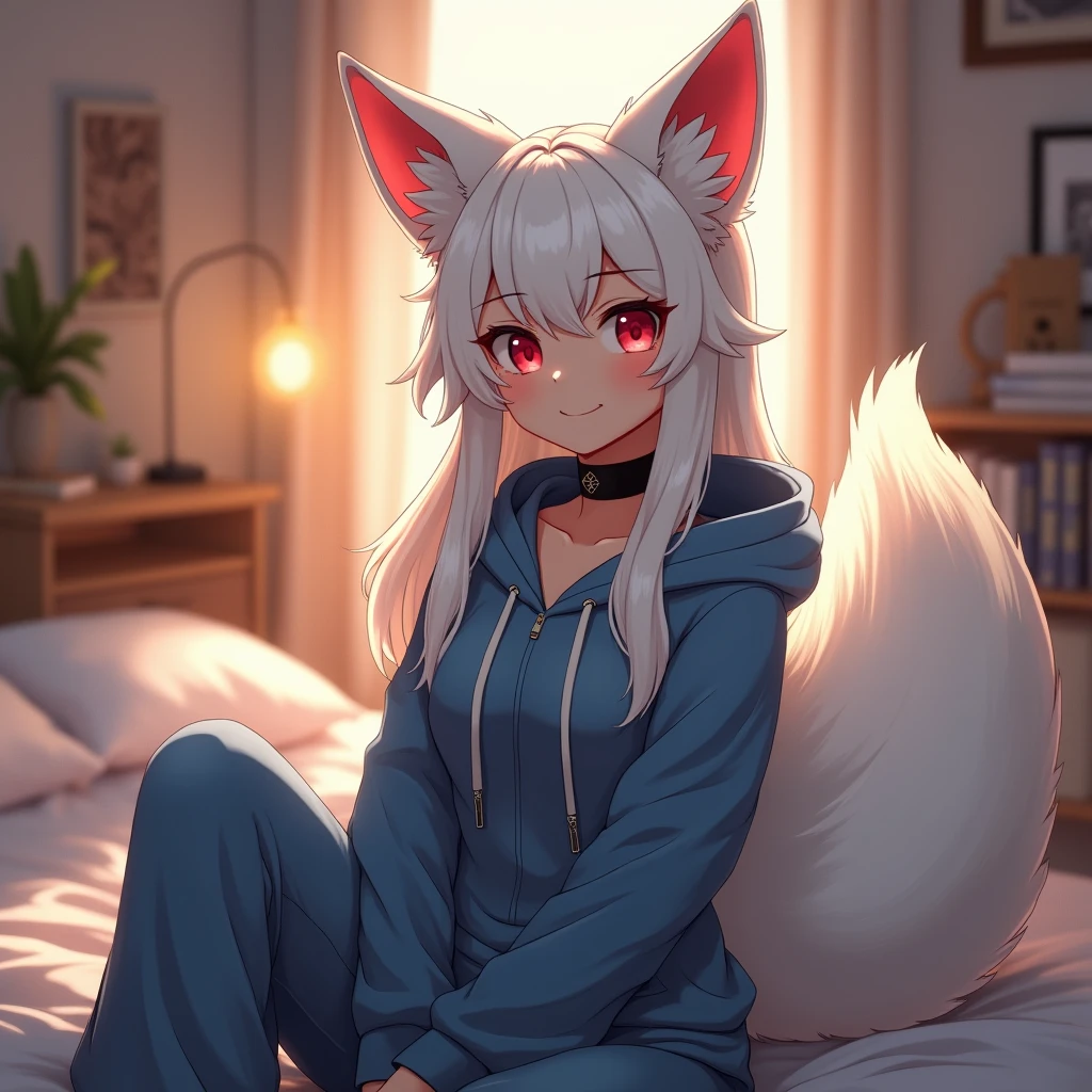 white-haired white-furred female fennec, cute, Full body in camera, modest-breasted, sitting back on a bed, small pussy, purple luminous eyes,Huge multi-layered pupils with color gradients,wincing in pain, blushing, cute little fangs fangs,pink nose, Black hoodie falling off of shoulders,legs spread,Recline against bed headrest,Pupil highlight,Look up on the eyes of all beings,Cold,Pitch-black castle interior,Huge floor-to-ceiling window, moonlight shone on the ground through the glass,Image sharpening,The characters are highly sharpened,16k,elevation shooting,detail-rich,Contre-Jour