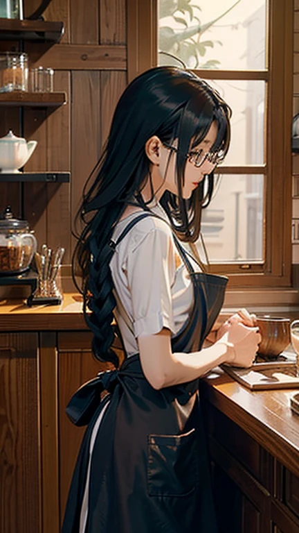 Working at a wooden counter, beautiful woman, long straight black hair, nude apron, naked and wearing only an apron, holding tools for making coffee, thoughtfully concentrating on preparing a drink, indoor cafe, warm lighting, well-organized wooden shelves lined with glasses and cups, cozy and inviting atmosphere, low-angle shot, balanced exposure, coffee shop clerk