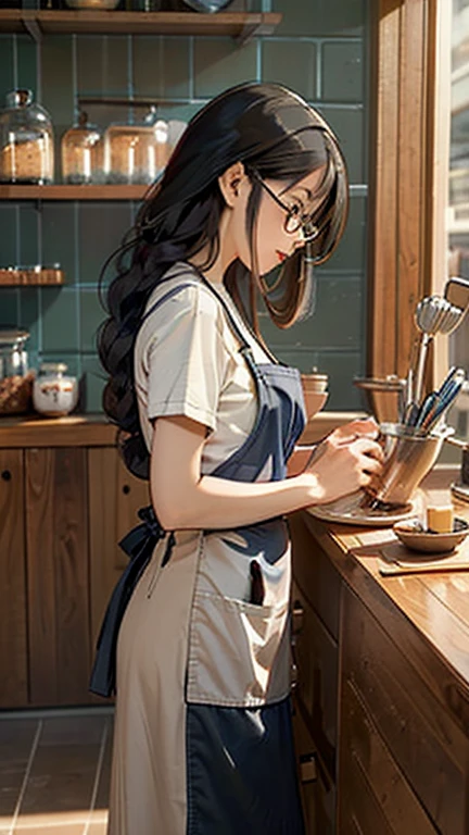 Working at a wooden counter, beautiful woman, long straight black hair, nude apron, naked and wearing only an apron, holding tools for making coffee, thoughtfully concentrating on preparing a drink, indoor cafe, warm lighting, well-organized wooden shelves lined with glasses and cups, cozy and inviting atmosphere, low-angle shot, balanced exposure, coffee shop clerk