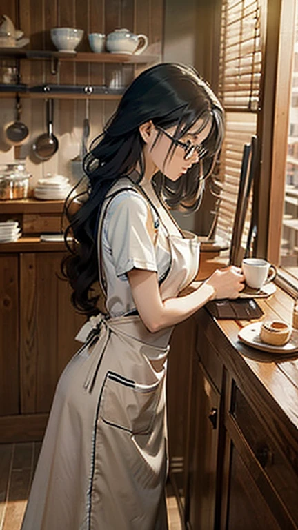 Working at a wooden counter, beautiful woman, long straight black hair, nude apron, naked and wearing only an apron, holding tools for making coffee, thoughtfully concentrating on preparing a drink, indoor cafe, warm lighting, well-organized wooden shelves lined with glasses and cups, cozy and inviting atmosphere, low-angle shot, balanced exposure, coffee shop clerk