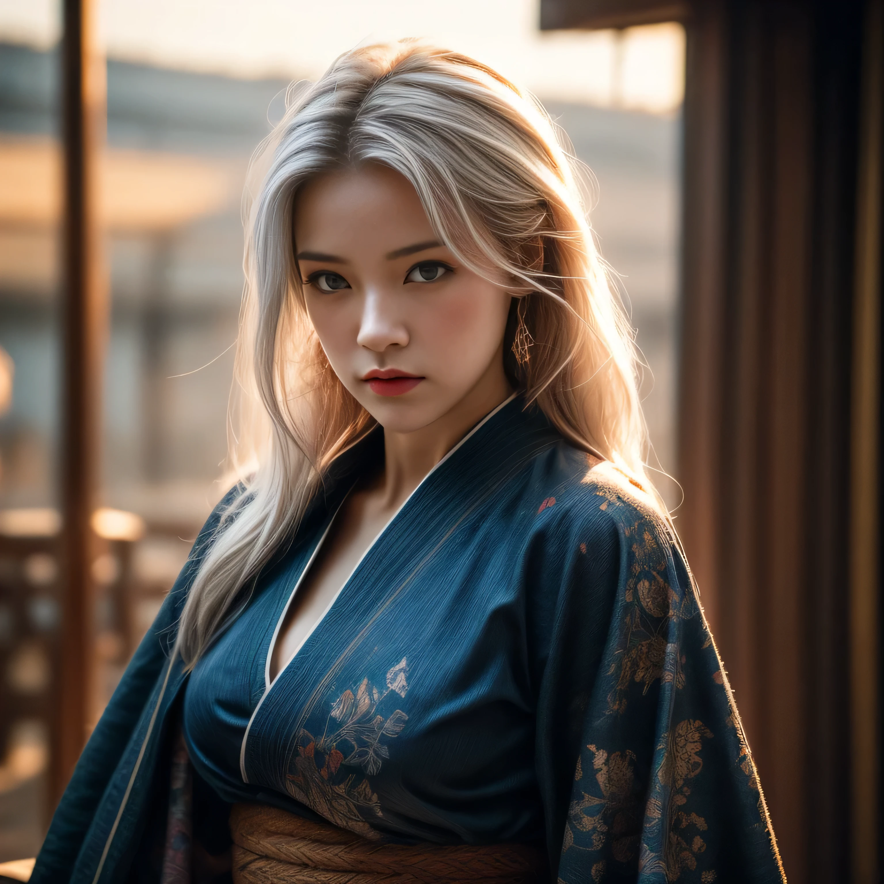 photorealistic, masterpiece, photorealistic, high resolution, soft light, hips up, blue eyes, white hair, long hair, Intricate details EABA, cloaks, short steel claws, Royal Sumo, Armor, warrior, small breasts, floating flowers in wind, sunrise