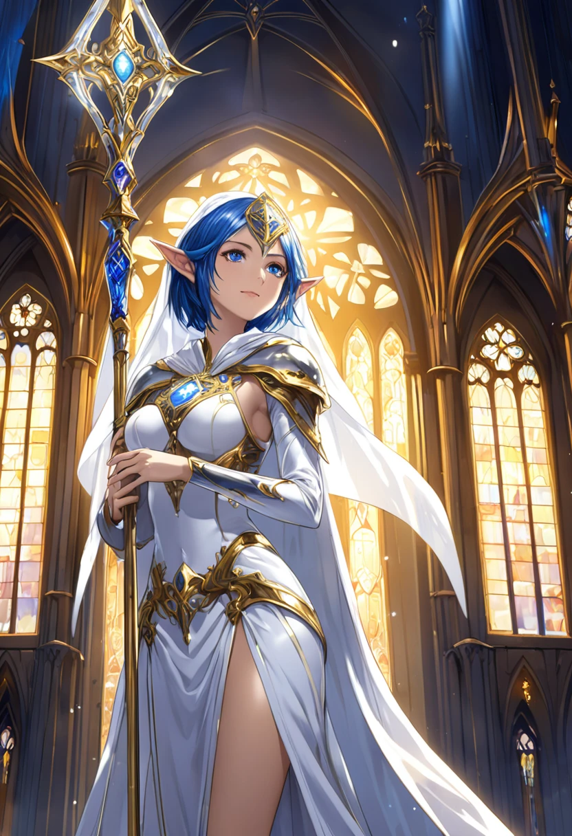 (Highest quality)、(Surreal)、(Blue Hair)、(((short hair)))、(blue eyes）、Highly detailed face、（Perfect Eyes）、Perfect hands、Perfect Proportions、1 Elven priestess, Wearing a white veil, Wearing a milky white robe, He wears thin, light armor、He has a long sacred staff、Old Cathedral 、Church in the background、Healthy Skin、Highly detailed lighting、