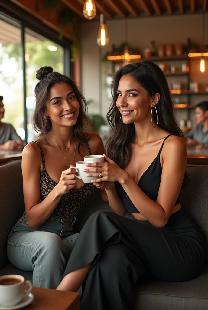 Create a woman having a coffee with the LUVOCO brand.LA in an elegant place. high level of detail, the girl smiling in a dress