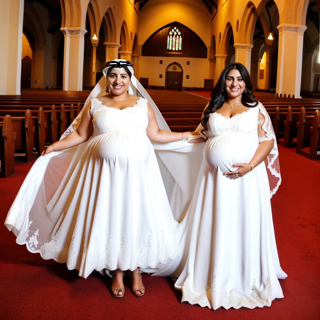 a photo of one 40 year old solo African woman,alone, smiling chubby pregnant lady, wearing a white wedding dress , a comically large bloated round belly, standing inside an empty church.