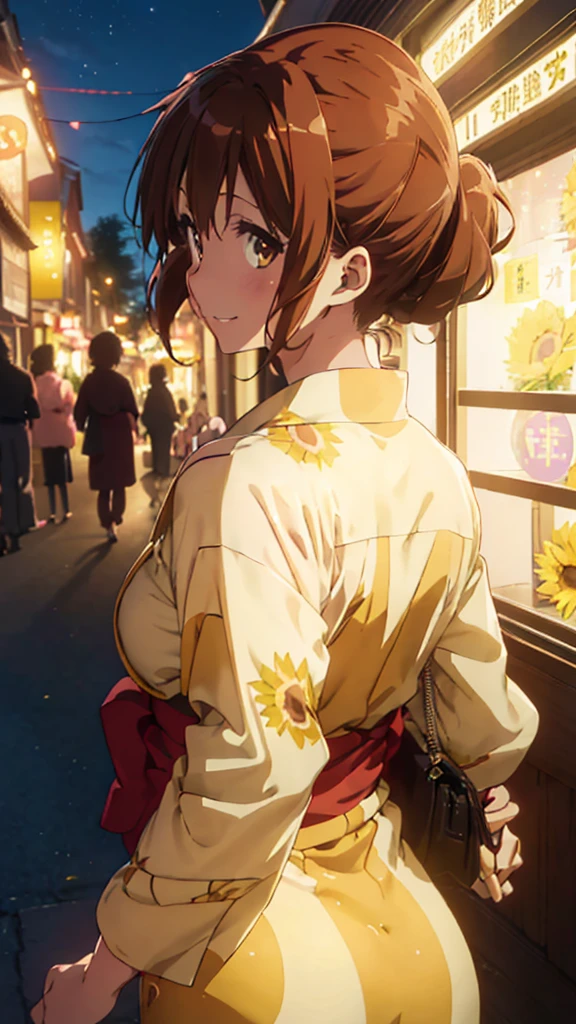 Anime-style images, Fascinating anime, , Anime Best Girl,Smooth anime CG art, Kschaert Krentz Key Art Feminine,, Zerochan Art, Seraphim, ((masterpiece, highest quality, 8k, 32K, masterpiece, ultra high resolution))  {Oumae Kumiko Sound Euphonium:1.15}, dark brown hair, short hair, brown eyes, blush, seraph, bangs, small breasts, night,, curves, ((A very bright and cheerful smile)), ((Sunflower patterned yukata kimono on yellow fabric)),((Long-hemmed yukata)),((Back view)),((Beautiful woman looking back)),((Hair tied up))、((Night summer festival date))