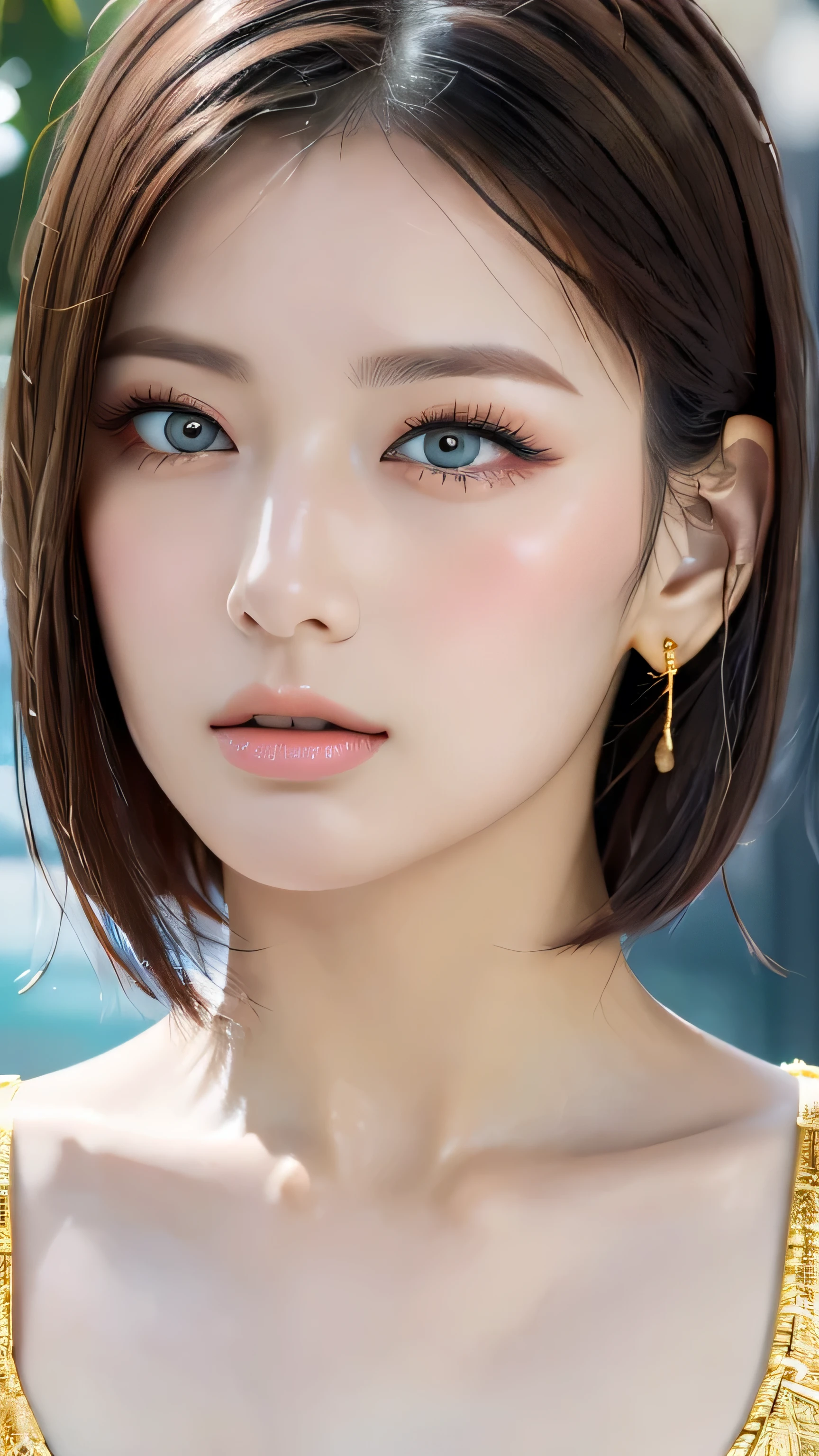 (masterpiece:1.3), (8k, Realistic, RAW Photos, Best image quality: 1.4), Japanese, (1 girl), Beautiful Face, (A vivid face), (short hair:1.3), Beautiful hairstyle, Realistic eyes, Droopy eyes、Beautiful Eyes, (Realistic Skin), Beautiful Skin, charm, Ultra-high resolution, Attention to detail, Golden Ratio, Detail Makeup、Completely naked、The clavicle is visible、Daytime、look up、look up、Please open your mouth a little、Sticking out tongue、Yellow eyeshadow、Long eyelashes、Sharp eyes、Zoom Face、Blue Eyes、Mesh hair color、Mole around the mouth、Ring Earrings、Gorgeous Gold Necklace、Huge Diamond