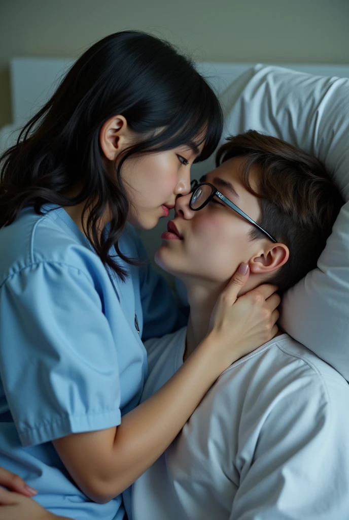 30 YEAR OLD HUSBAND IN A HOSPITAL PATIENT'S SHIRT HUGS FROM BEHIND AND KISSING HIS WIFE WHICH IS WEARING A WHITE NURSE'S SHIRT, NIGHT Scene IN A LIGHTED ROOM, HAPPY FACIAL EXPRESSION, OPEN MOUTH, HUSBAND'S STANDING POSITION, WHILE HIS WIFE KNEELS LOOKING AT , SITTING ON THE FLOOR, 4 D