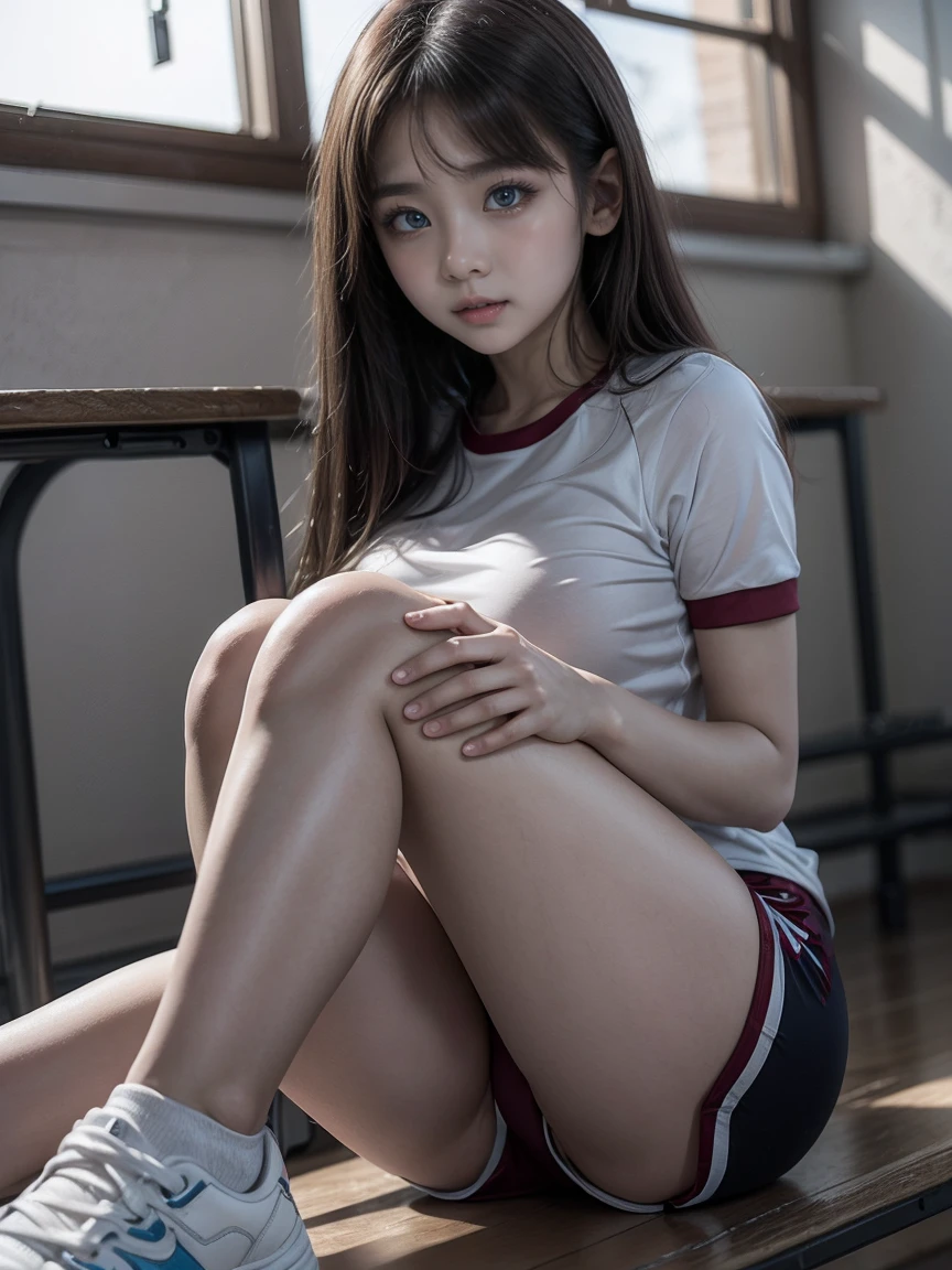 A girl with a straight face, white skin, black hair, white T-shirt, long legs with black silk, white sneakers, Bose stockings