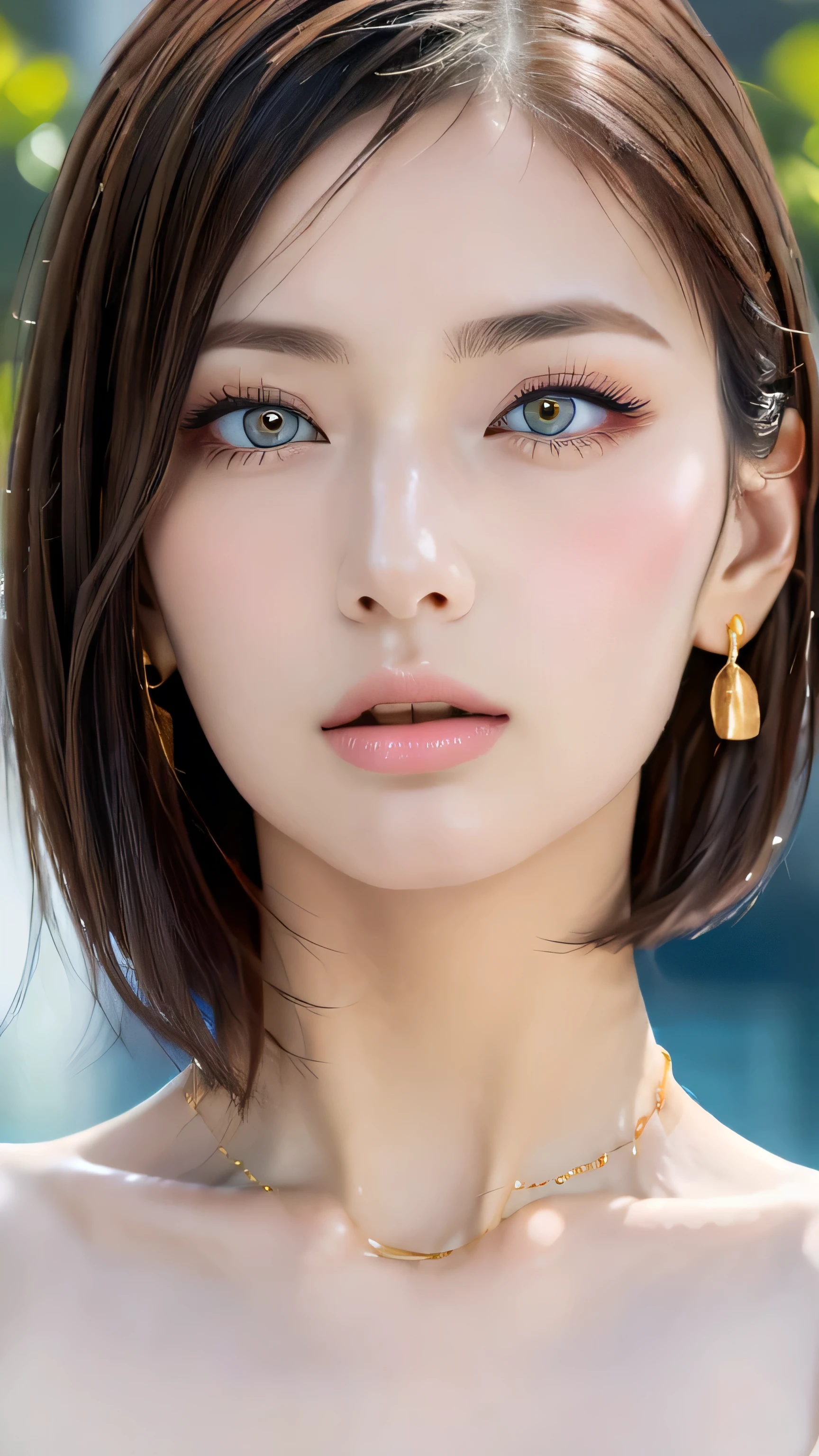 (masterpiece:1.3), (8k, Realistic, RAW Photos, Best image quality: 1.4), Japanese, (1 girl), Beautiful Face, (A vivid face), (short hair:1.3), Beautiful hairstyle, Realistic eyes, Droopy eyes、Beautiful Eyes, (Realistic Skin), Beautiful Skin, charm, Ultra-high resolution, Attention to detail, Golden Ratio, Detail Makeup、Completely naked、The clavicle is visible、Daytime、look up、look up、Please open your mouth a little、Sticking out tongue、Yellow eyeshadow、Long eyelashes、Sharp eyes、Zoom Face、Blue Eyes、Mesh hair color、Mole around the mouth、Ring Earrings、Gorgeous Gold Necklace、Huge Diamond