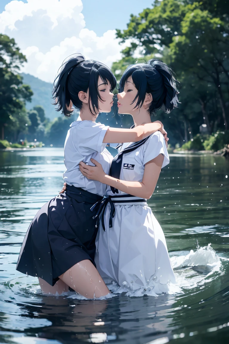 (8k, super high quality, masterpiece, Ultra-high resolution), Two girls, Embrace each other, Kissing, Lips touching, romantic, Close your eyes, Ocean, Wavy, Tops are sailor suits, ribbon, Gothic Skirt, navy blue, Long skirt, (Gothic long), My clothes are shining when wet, Lots of water all over the body, splash, (Submersion), Lots of water, Lots of water滴, (Water up to my chest), drenched, (drowning)