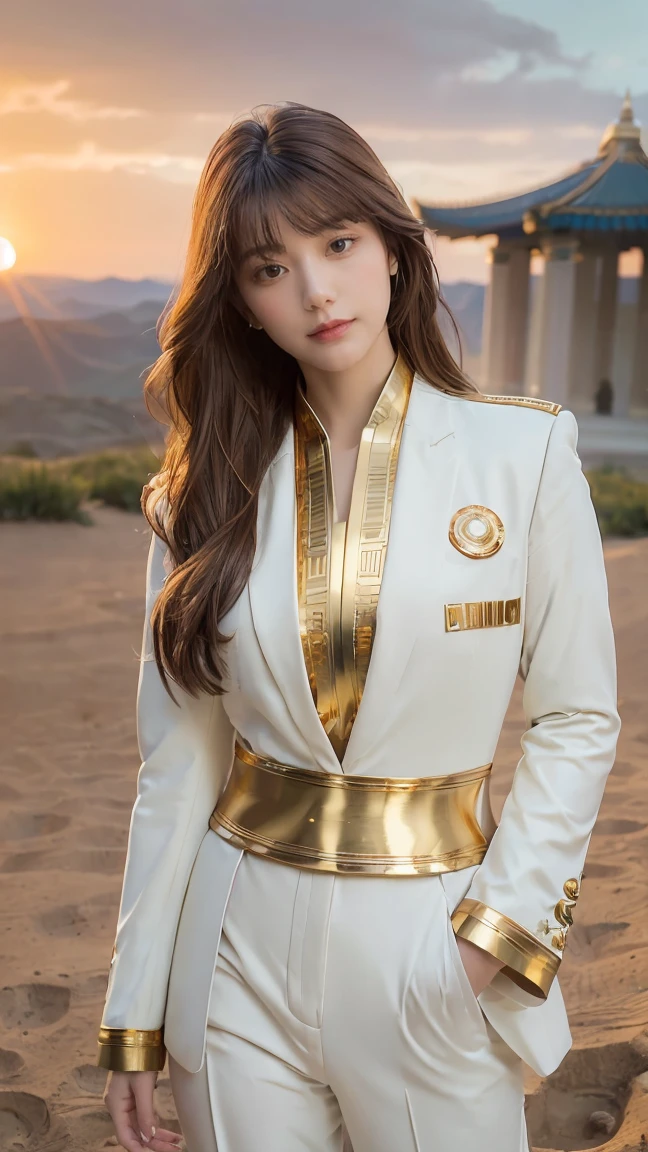 ((Masterpiece, best quality, very detailed), Volumetric light, surrounding occlusion, Rich and colorful, glow), 1 woman, lonely, young girl, (Brown bangs), long hair, radius, radius, sacred, goddess, Priesthood, (White suit with gold trim:1.3), armor, outdoor, sunset, sky, cloud, space, (Fantasy Theme:1.2),