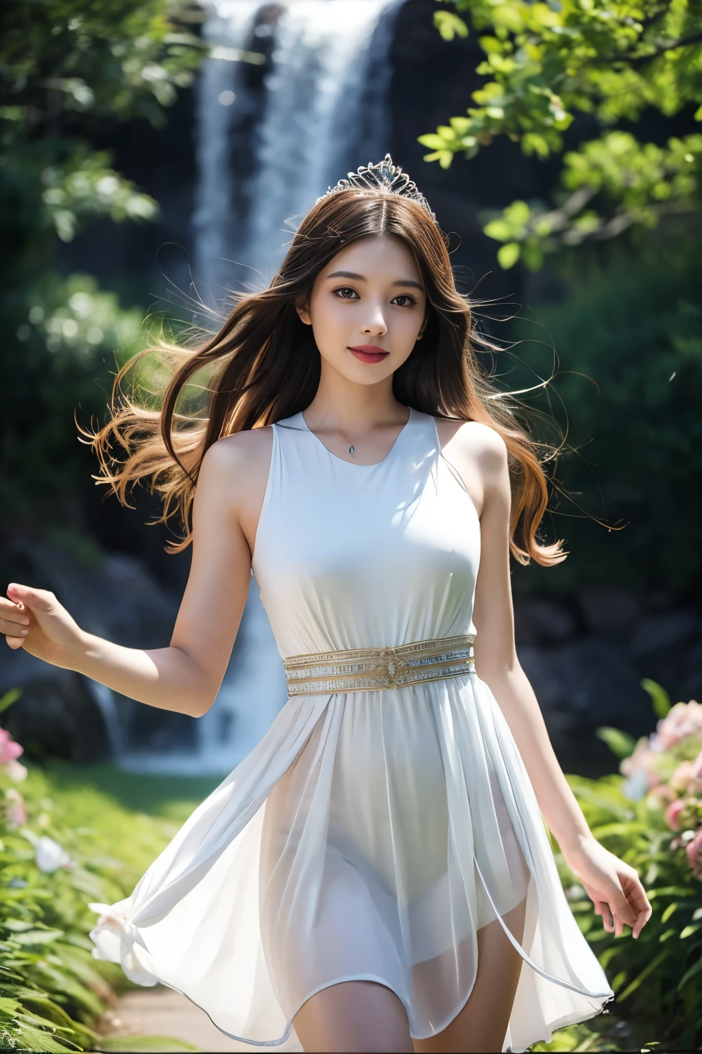 (best quality, 8k, 32K, masterpiece, uhd:1.2), alone, 1 girl, looking at viewer, Dancing in a flower field, beautiful face, bijouterie, movie lights, Flower petals in the foreground, beam, Forest with waterfall in the background, long hair, tiara decorated with flowers, Beautiful colorful dress, beautiful hair, windy, pretty lipstick, assembly