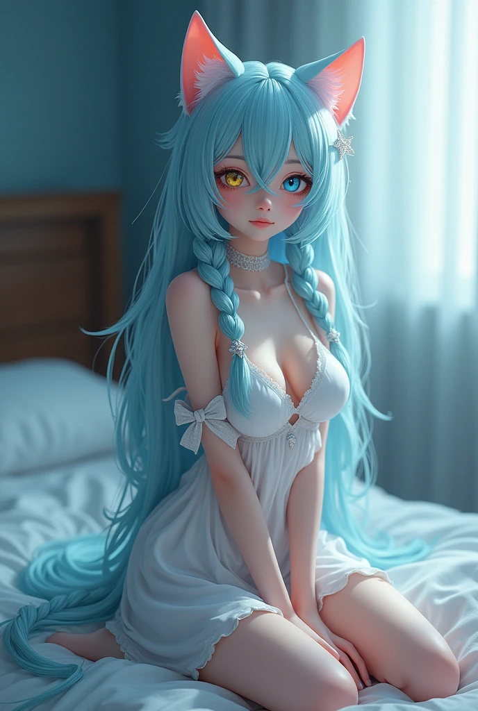 Beautiful illustration, Best quality at best, cute female , loli,ude, naked, no clothes, two legs, nipples, pastel colour, rabbit ears, bunny ears, Fluffy rabbit ears, petite, very long light blue hair, wavy long hair, stuffed toy, Bright lights, Light blue eyes