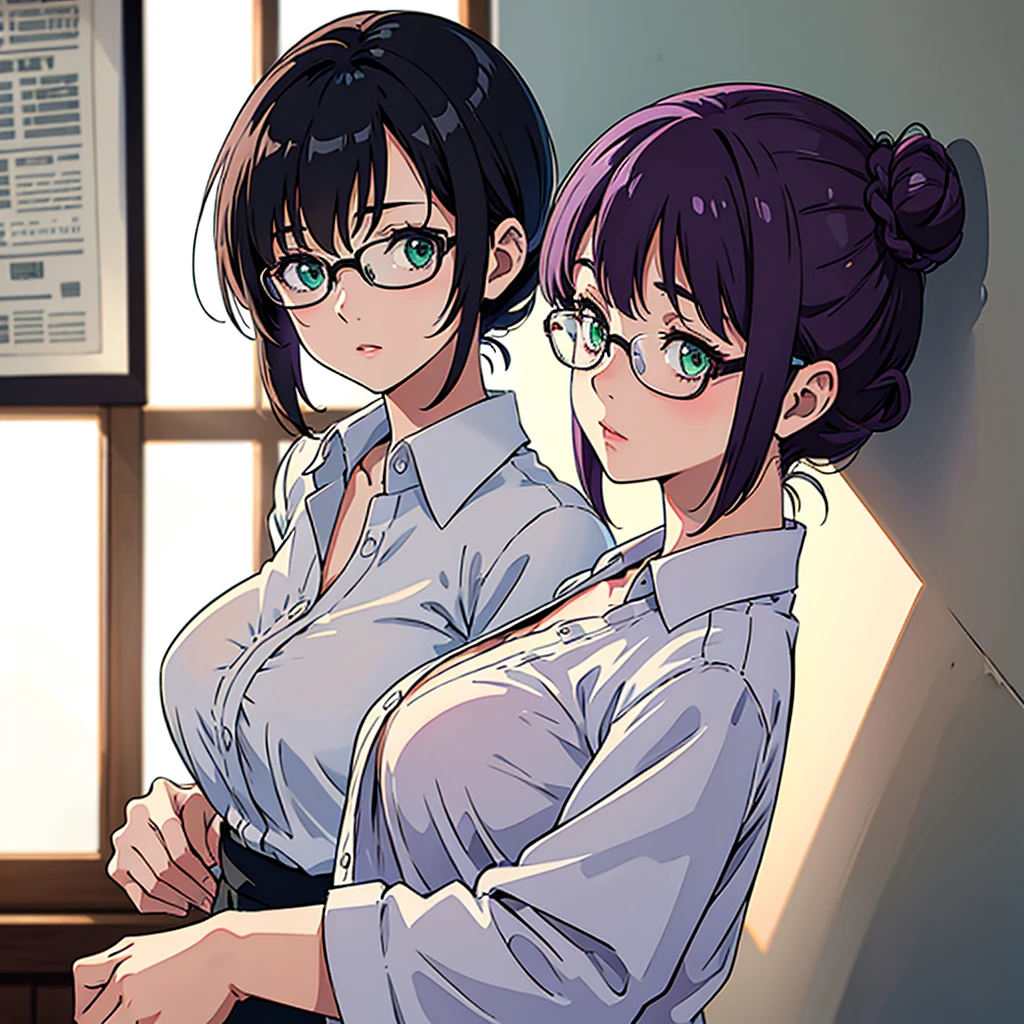 1girl, cowboy shot,porn, smile, glasses, 
nitengojigen_ririsa, purple eyes, purple hair, short hair, bangs, lace underwear, short sleeves, Show your breasts,sex, pleated skirt, best quality, masterpiece, highres, sleep position,