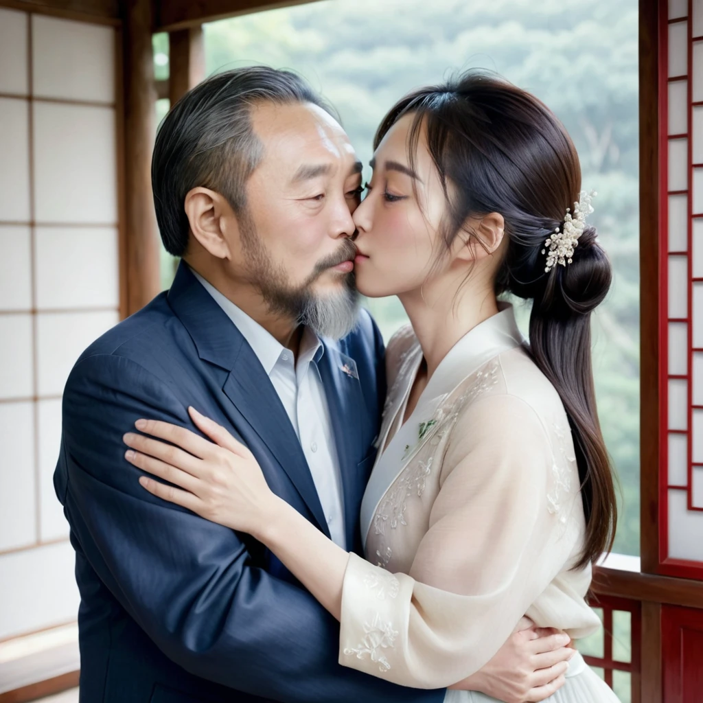 ((Highest quality)), ((masterpiece)), (detailed), （Perfect Face）、The woman is young and beautiful Japanese.、The woman is embracing and kissing a middle-aged Chinese man, a bearded Communist Party member, in a wedding ceremony.