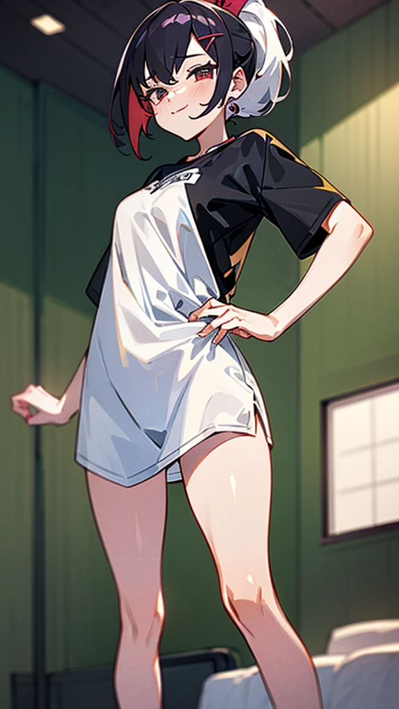 High tail hairstyle, Ponytail hairstyle, Long wavy black hair, standing posing, anime girl style, pixel art anime style,penetrating look with deep eyes,red and purple eyes, hair with a ponytail hairstyle trapped with a big red bun, women, red hair clips, x color shaped hair clips , smiling face blush, next to his bed, lingerie, tank top, Black hair, big thighs, body, NSFW, Skirt fluttering in the wind, perfect panty, look down, camera looking from bottom to top