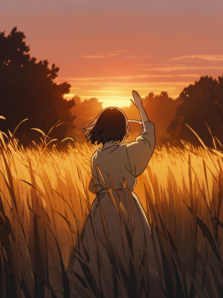 "A heartwarming scene of a girl, around 2, standing in a lush, golden field at sunset. The girl is facing away from the viewer, with his arms stretched wide, embracing the beauty of nature around him. The sky is painted with soft, warm hues of orange and pink, casting a gentle glow over the entire scene. The field is filled with tall, waving grasses and wildflowers, giving a sense of abundance and peace. The girl's posture exudes a feeling of gratitude and appreciation for the simple joys in life. The overall color palette is warm and earthy, with a touch of softness to emphasize the tranquility of the moment."