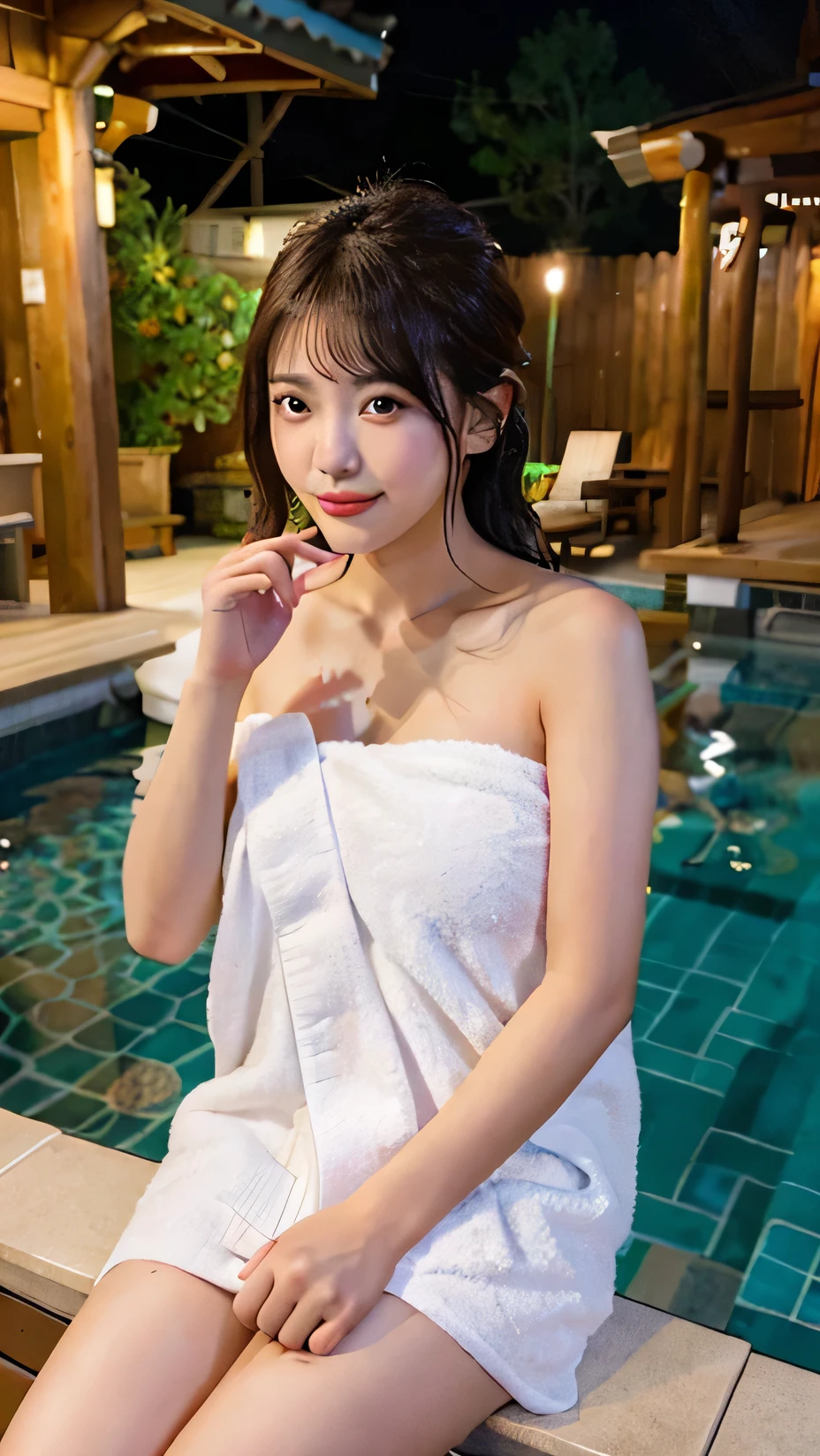 (night:1.7), East Asian architecture, 1 female,Sit on tatami mats, Brunette colored hair，（hair between the eyes）, Lip flap,  (16 years old:1.3),(beautiful shiny straight short long:1.3),beautiful fingers,beautiful long legs,beautifulボディ，Cute Nose，beautiful character design，perfect eyes，Perfect face，Looking at the audience，（Innocent_big_eye：1.0），（Light_笑face：0.3），Official Art，Highly detailed CG Unity 8K wallpaper、bright_front_face_Lighting，（masterpiece:1.0),(Highest_quaLightingy:1.0), 超High resolution,4K,Very detailed, photo shoot, 8K, Hmph, High resolution, Absurd:1.2, Kodak Portrait 400, Film Grain,  Lens flare brilliance,  (beautiful_face:1.5),8K,RAW Photos, 、Relax in a Japanese hot spring inn、(The subject is the first hot spring trip with a girl:1.3) (Draw an open-air bath more widely:1.2) (Girls are not test subjects:1.3) The hotel room is messy　(Girl standing on balcony:1.3) (Hair after bathing:1.3),((I am naked、I put a small handkerchief towel next to him...:1.3)) ,(Wet Hair:1.3),((beautifully depicts depth and width:1.3)),((An open-air bath surrounded by a Japanese garden and giant rocks, With just two small Lights.:1.3)),((You can see a beautiful starry sky.:1.3))(Hiding erogenous zones with a small handkerchief towel in the open-air bath:1.2)(Girls are not test subjects:1.3),((White and soft skin:1.3)),(((Looks like a whole body:1.3))(There is a bed for SEX.:1.2)The girl is naked in bed((The open-air bath is a wooden bathtub surrounded by large natural stones....:1.3))