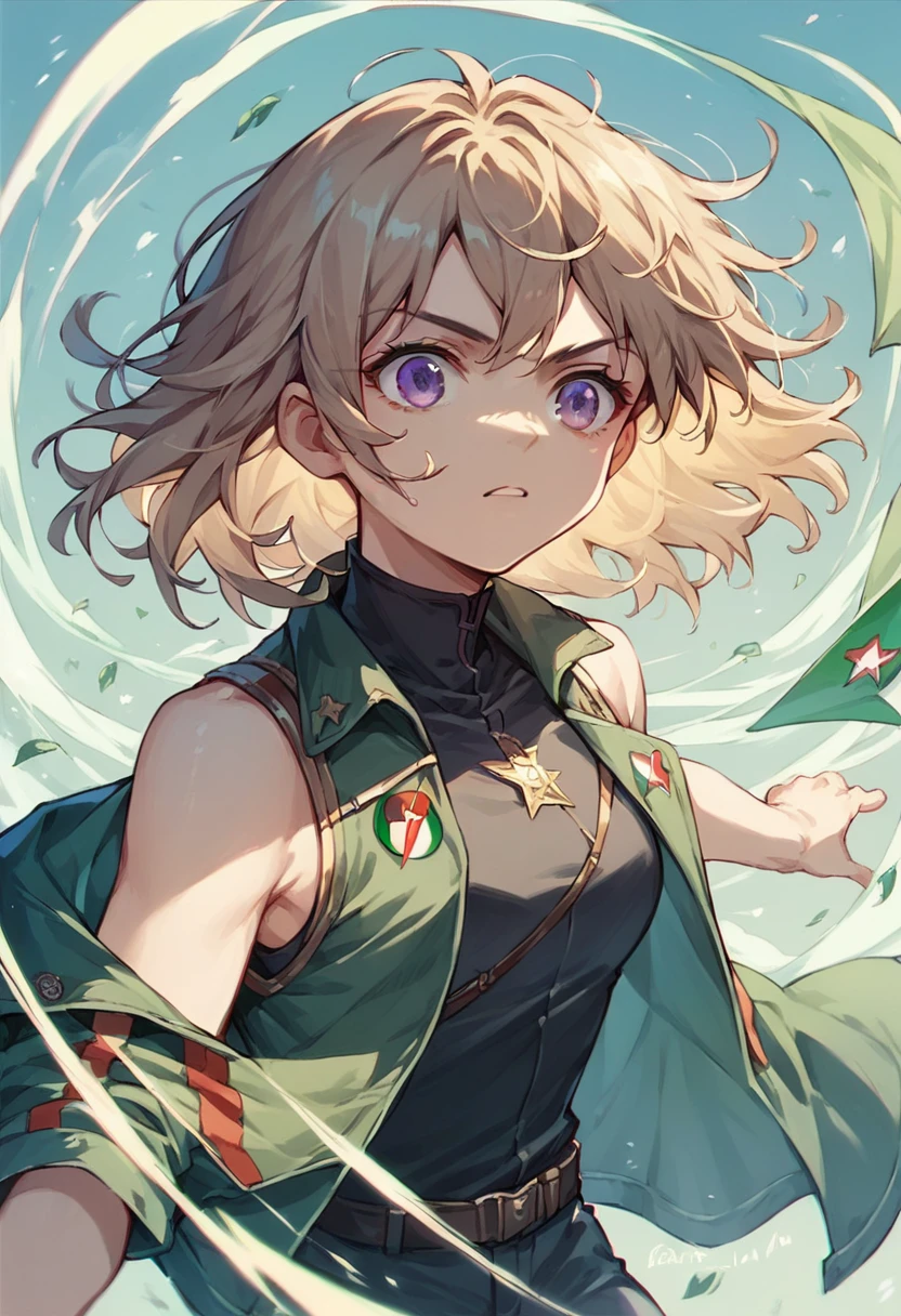 young girl, short blonde hair, turquoise eyes, smile, cat ears, black top, black shorts, green jacket, open belly, lightning, Masterpiece, hiquality, 4k, HD, Good detail