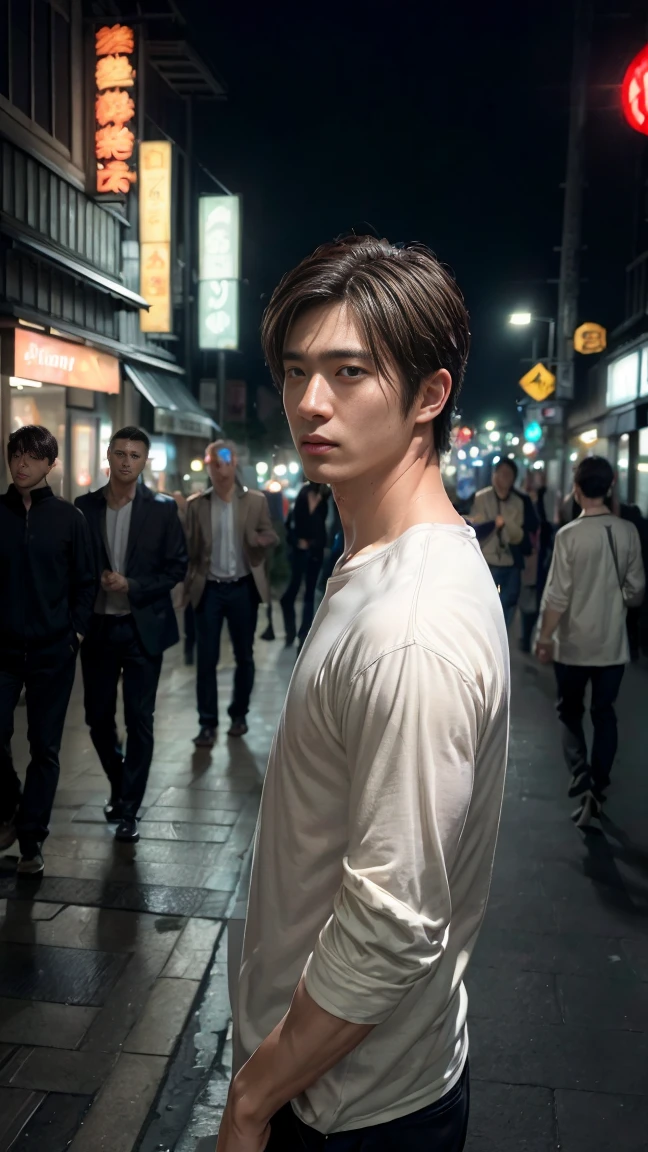 Masterpiece, Highest quality, realistic, A boy., adult man, Strongly built, The neck has a notch., the best, In the bustling city center at night
