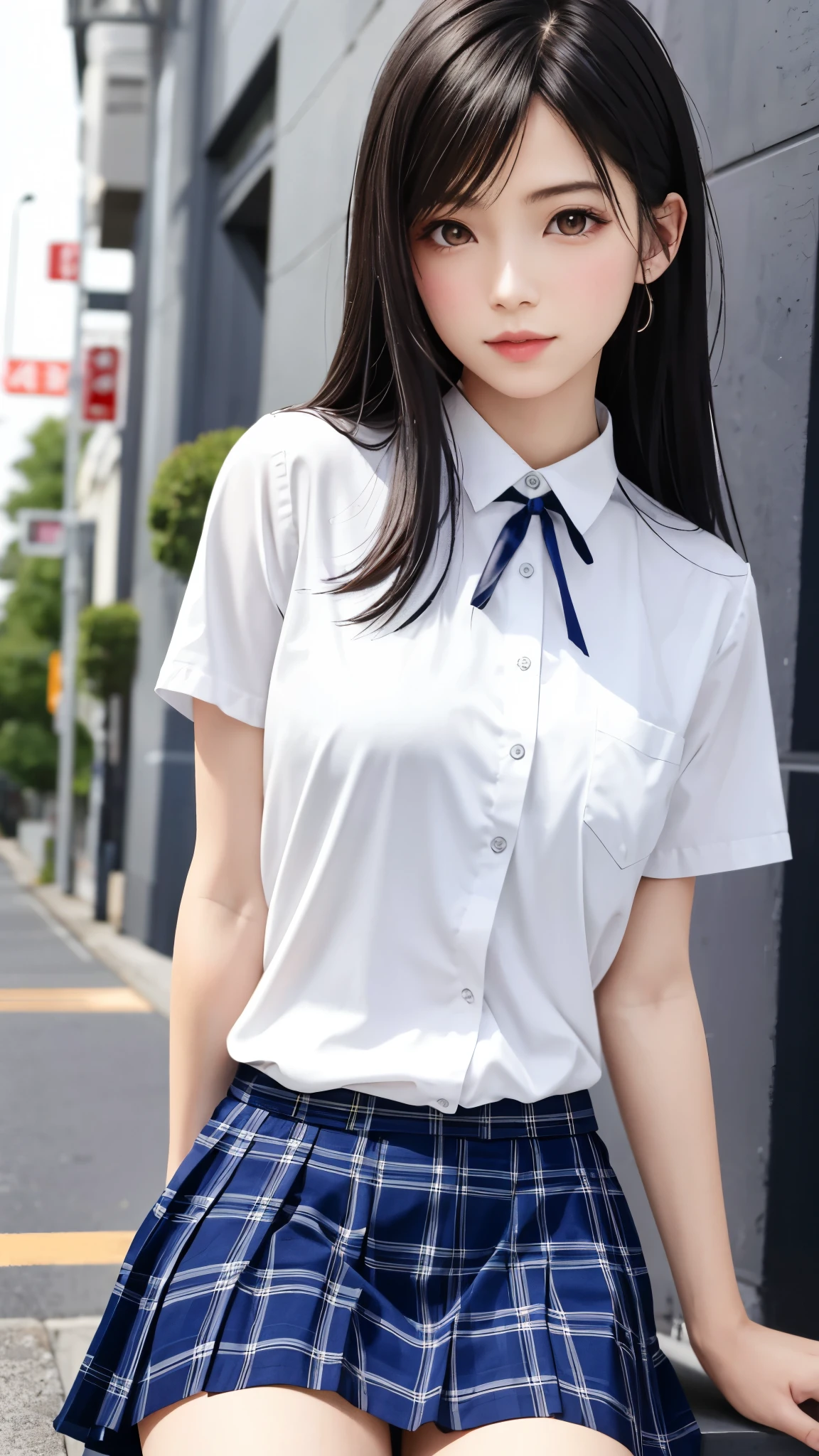 ((top-quality、8K、​masterpiece:1.3))、女の子1人、Slender Abs、sofas、hyperdetailed face、A detailed eye、二重まぶた、straight flat chest、tiny chest、small tits、neat college girl、short-hair、Straight bob hair、Shorthair with bangs、Schoolgirl Uniform、Panties are visible、a 20 yo woman、Sheer white shirt、Navy blue ribbon at the collar、Dark blue pleated micro mini、Sexy、Peek at the viewer、Beautiful graphics、Bright school building with strong sunlight、Show me your whole body、sitted、Crouching、Plump panties、White Sox、White silk panties from the skirt are always visible、The shirt is wet and sheer、Facing the front, Squatting and peeing、White panties are visible through the gap in the skirt、Lift the hem of the skirt with both hands、Showing white panties、depth of fields、Bokeh in the background、A wistful look、Embarrassed look、Cute like an entertainer