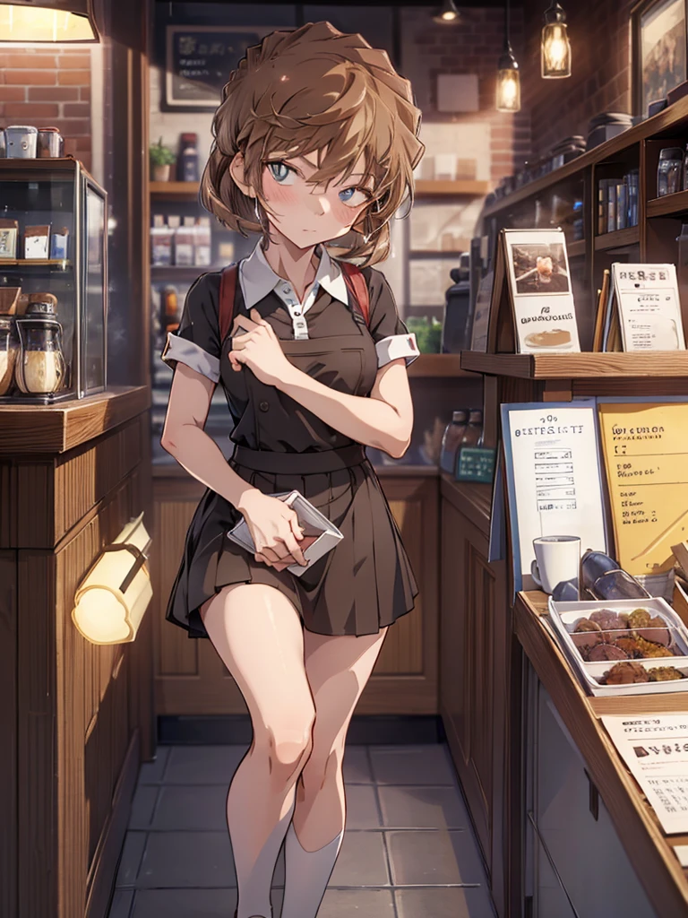 Coffee shop, waitress, cute, Beauty, short hair, Haibara Ai, Brown Hair, highest quality, 1girl, ccurate, (masterpiece), uhd, retina, anatomically correct, textured skin, super detail, high details, high quality, best quality, highres, 16K