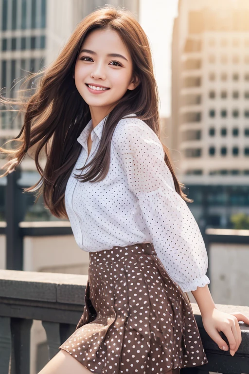 (table top, highest quality, High resolution, nffsw, perfect pixel, 4K, nffsw, nffsw))), 1 woman, single, alone, beautiful woman、I could see the whole body、 ((middle wavy hair, bangs, brown hair)), ((brown eyes, beautiful eyelashes, realistic eyes)), ((detailed face, blush:1.2)), ((smooth texture:0.75, realistic texture:0.65, realistic:1.1, Anime CG style)), medium breasts, dynamic angle, perfect body, ((white shirt, black skirt, plaid skirt)), City staircase、Angle looking up from the bottom of the stairs、Very embarrassing panic smile, looked back、Leaning forward heavily、(The wind flipped my skirt and exposed my butt..................................、Touching the buttocks with both hands、open your legs、Light pink floral lace panties)、