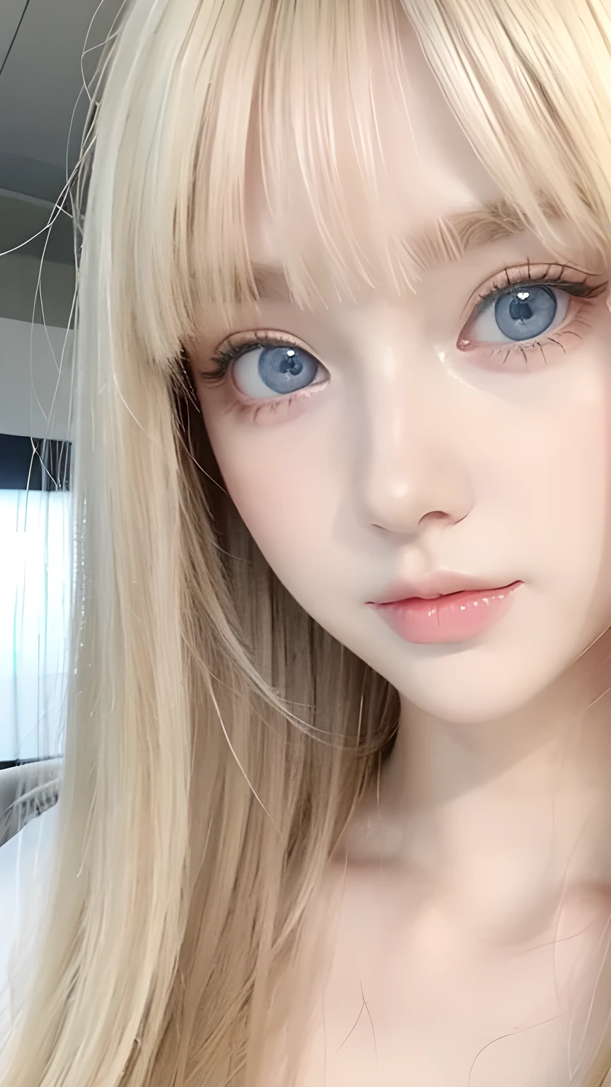 Blonde beautiful girl、Very beautiful, large, bright, pale blue eyes、Very big eyes、Gloss Face、Extremely white skin、Glowing Skin、Cheek gloss、Very pretty and beautiful super long blonde hair、Ample Bust、Beautiful bangs between the eyes、Small Face Beauty、Very big eyes、round face、Double eyelids、Cheek Liner