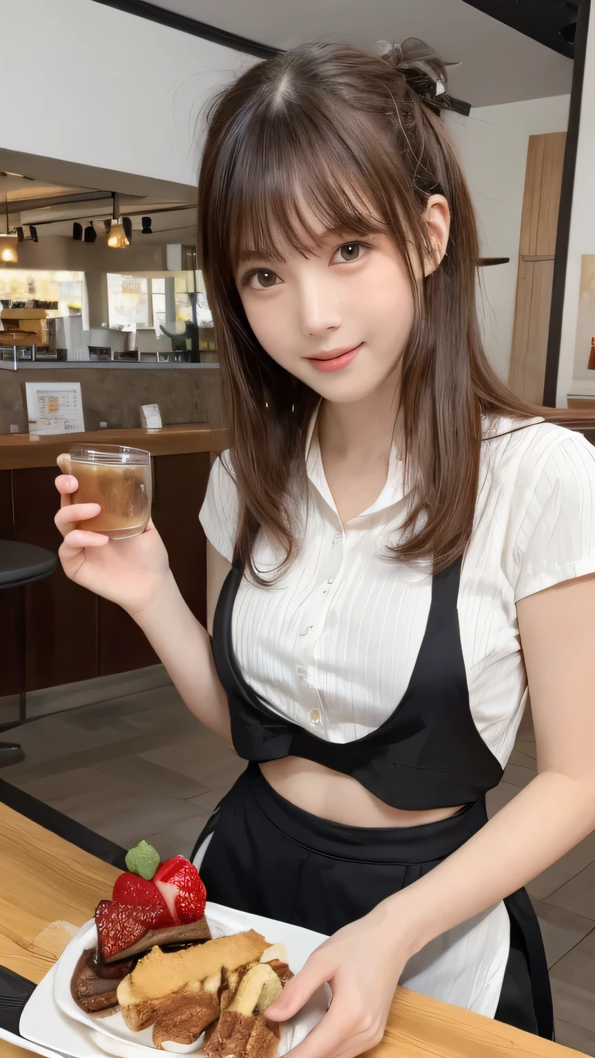 ((Best of the highest quality, 8k, Masterpiece, raw photo: 1.2)), (Sharp focus: 1.2), (1 AESPA, slim body type female, 21 y/o: 1.1), (solo: 1.28), (realistic, photo-realistic:1.37), cute face, finely eyes, (droopy eyes: 1.32), (Emphasize prominent aegyo-sal with bright: 1.2), shimmering eyeshadow applied under the lower lash line, paired with thick, (small breasts, flat chest, Thigh: 1.3), (short messy hair, bangs, updo: 1.2), (cafe stuff uniform, ribbon, panties: 1.32), walking terrace dinning, flower, from behind,
