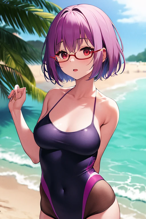 masterpiece, best quality, highres, 1girl, shinjou akane, short hair, small breasts, bangs, red eyes, light purple hair, glasses, swimsuit, body suit, beach,